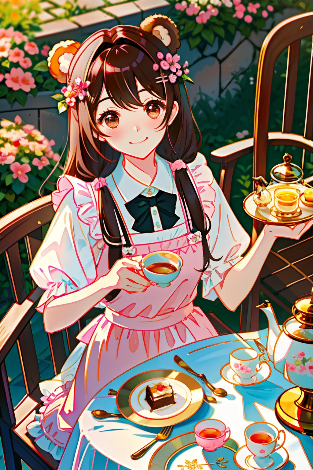 The character: Cute bear hair ornament+pink apron+Exquisite tea set,Elegantly sitting on garden rattan chairs。
appearance: brown hair+Brown eyes+A big smile+Cute bear hair ornament。
action: Pour tea gently+Savor small homemade desserts+Bask in the sun and floral scents。