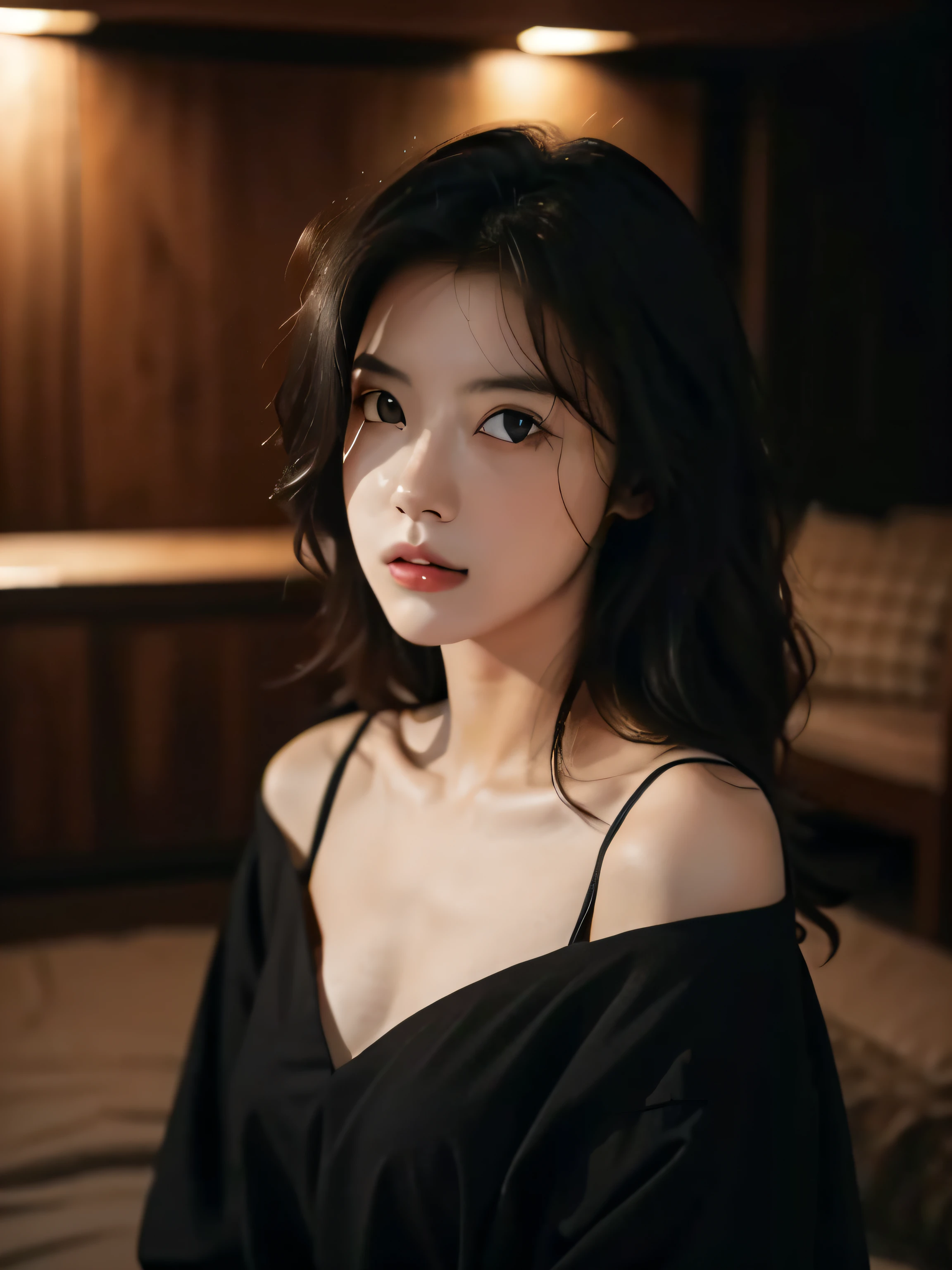 best qualtiy, tmasterpiece, 超高分辨率, (realisticlying:1.5), RAW photogr, 1girll, bshoulders, in the darkness nigth, deep shading, low tune, cold light, Sexy look, cabelos preto e longos