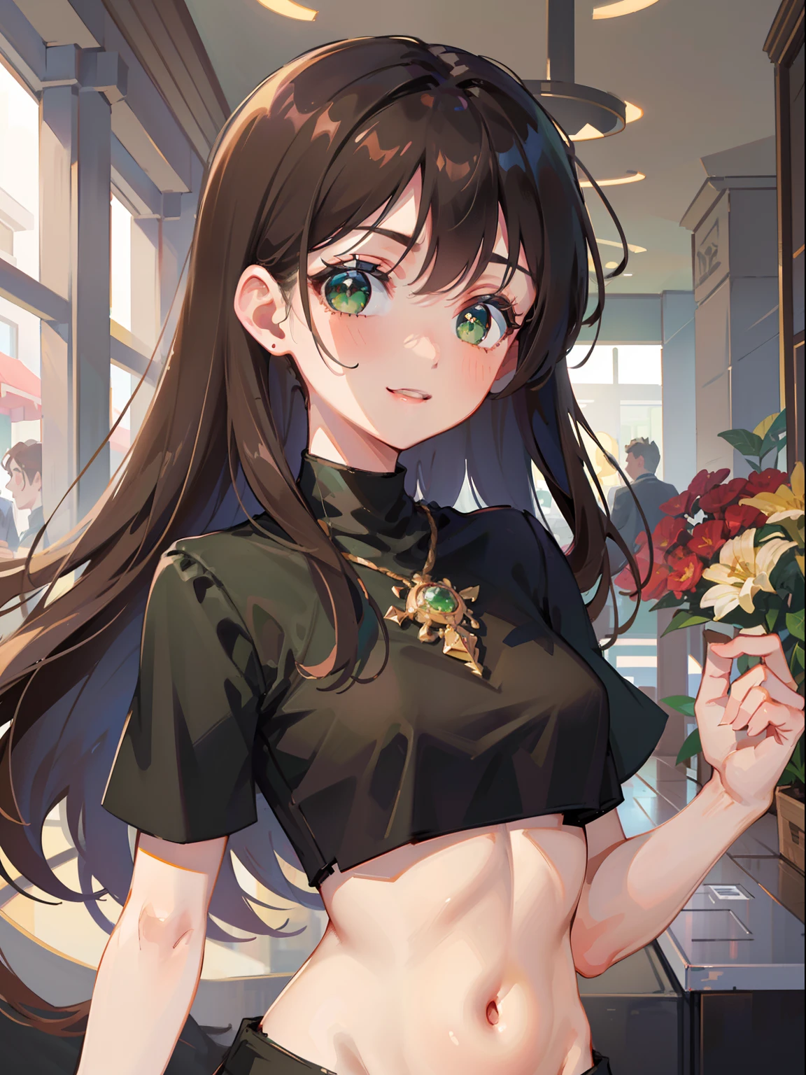 masterpiece), best quality, beautiful detailed hair detailed face, ultra high res, sharp focus, ((1 woman, solo)), perfect feminine face, upper body, medium close-up, (at the noon time:1.2), (in the mall:1.3), chesnut brown hair, ((beautiful shape eyes, green eyes)), look at the viewer, long hair, smiles, (black u-crop top:1.3)
