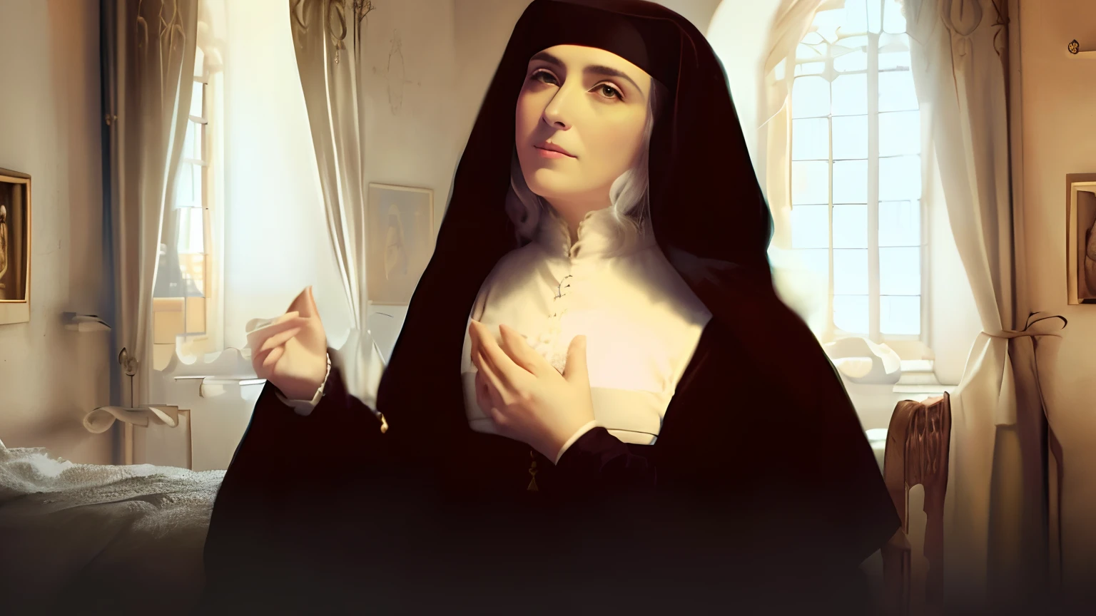 imagem de uma freira em um quarto com uma janela, agora, majestosa mulher de santo, inspired by Thomas Aquinas Daly, santa mulher, Retrato gracioso santo, mother sarah artist, by Francisco de Holanda, Directed by: Francesco Hayez, Directed by: Thomas Aquinas Daly, Bem Modelo de Moda, Woman, santas mulheres, inspired by Louise Abbéma
