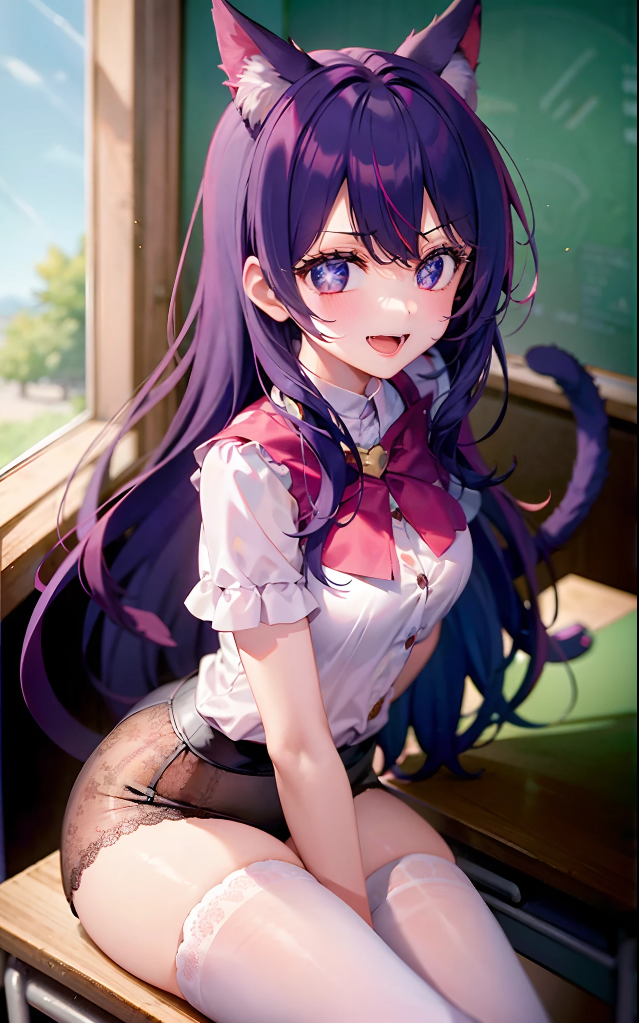 2 girls,((There is a five-pointed star in the eye))Gorgeous Hair in Long Purple,Smile,Open mouth,Inches,Unfasten the buttons,nedium breasts,Blushlush,Cat ears,Classroom,classroom desk,all fours,white stockings,((Be red in the face))