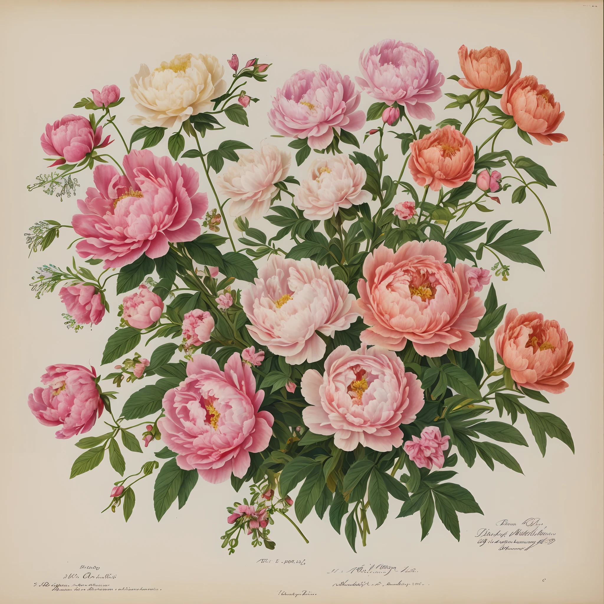 (beste-Qualit: 1.2), (Detailed: 1.2), (tmasterpiece: 1.2), Vintage botanical illustrations of pink peonies, bouquet (1770-1775) in high resolution by John Edwards