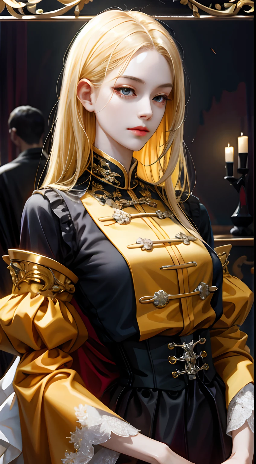 (hoang lap,A high resolution,ultra - detailed),1girll,独奏,mature,baroque,long skirt,longer sleeves,ellegance,Colorful,Most detailed,The upper part of the body,Medium long blonde hair,The face is very white,There was almost no blood,Eyes half open,On the amber pupil,,Raise your eyebrows,The face rises slightly,The nostrils are facing me,The corners of his mouth also revealed disdain,Golden dress