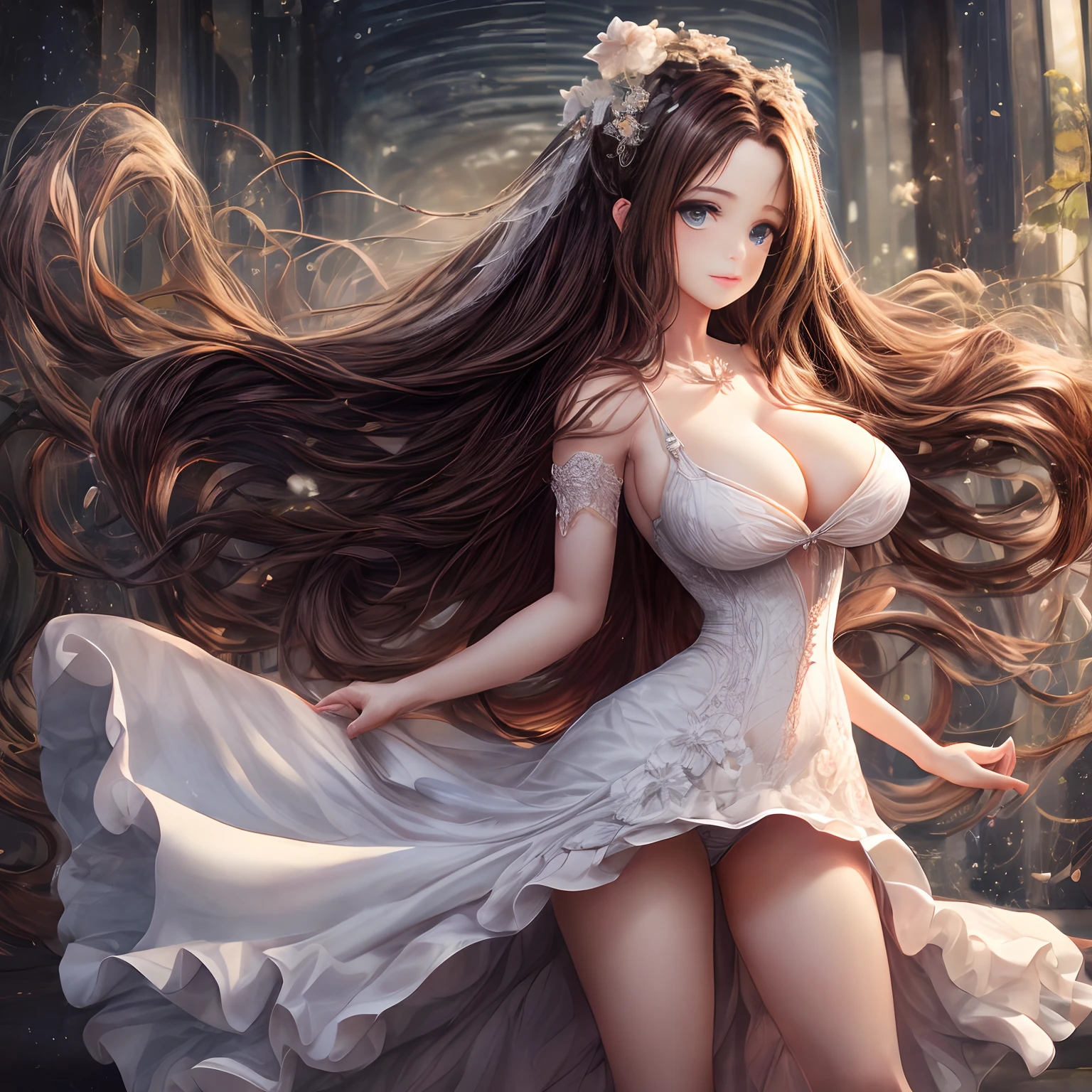 Masterpiece, Best quality, 1girll, standing model pose, dress, ulzzangs, (PureErosFace_V1:0.7),Ridiculous hair,Dynamic eyes,Very long white curls,Incredible background,Cute,milky ways,
Highly detailed, (Dark brown hair, huge tit:1.2 ),(Beth) --auto