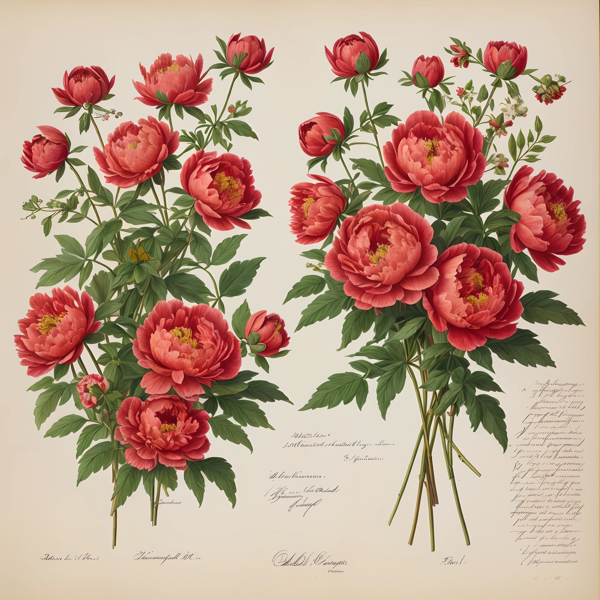 (beste-Qualit: 1.2), (Detailed: 1.2), (tmasterpiece: 1.2), Vintage botanical illustrations of red peonies, bouquet  (1770-1775) in high resolution by John Edwards