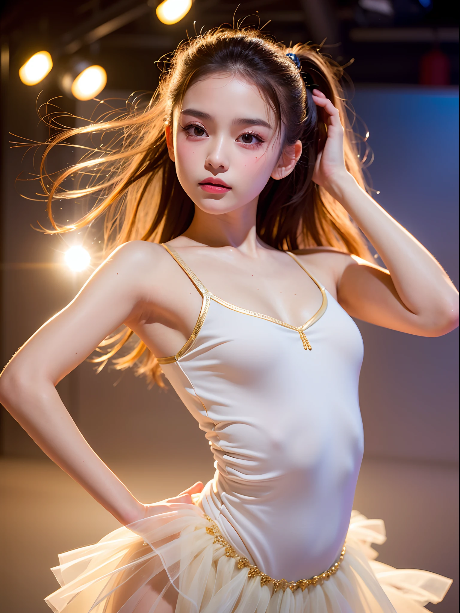 (8K、Raw photography、Photorealsitic:1.25)、(18 year old woman with beautiful perfect face)、Ballet dancer、The dynamism of ballet、On stage、It expresses a sense of tension、Ballet Costumes、Glistening sweat、lipgloss、shiny bare skin、top-quality、超A high resolution