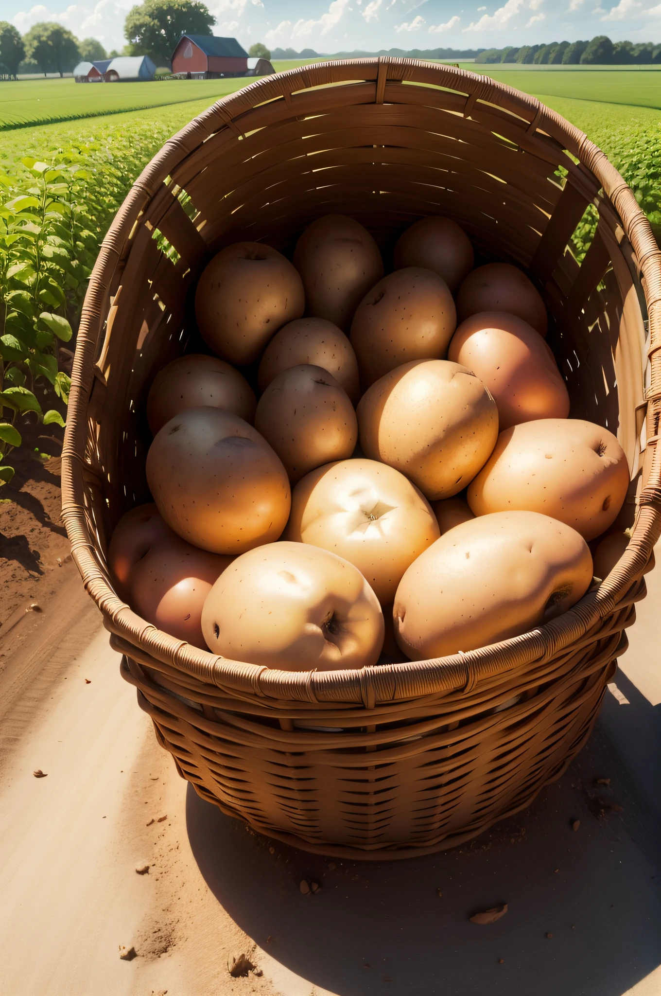 Basket of potatoes, background a farm, ultra realistic