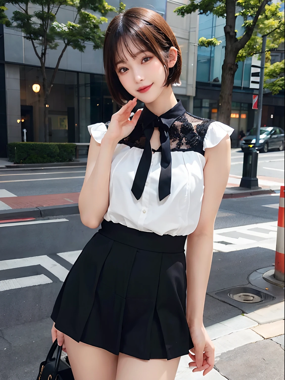(Raw photography:1.2)、top-quality、a beautiful detailed girl、A smile、short-haired、extremely detailed eye and face、beatiful detailed eyes、huge filesize、hight resolution、8k wallpaper、finely detail、Highly detailed ticker uniform 8K wallpaper、Light on the Face、电影灯光、16-year-old girl、sexy pose、(photorealisim:1.4)、illustratio、super detailing、校服、a miniskirt