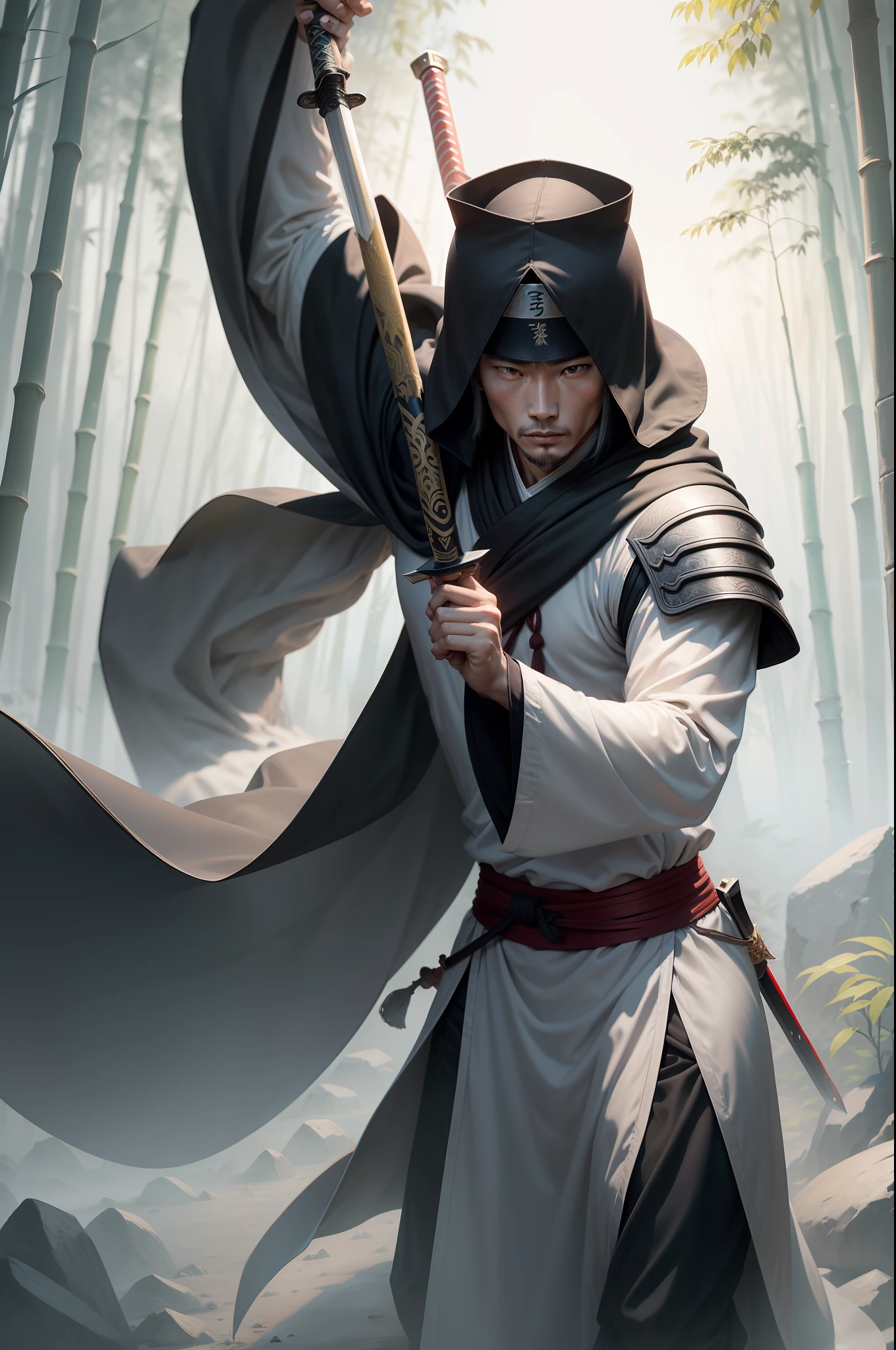 Qin Shimingyue, the world's first swordsman, Gai Nie, wore a cloak on his head,Wearing a gray and white robe,Sword in hand,By this time the saber was unsheathed,He walked through the dense bamboo forest and encountered 3 assassins ready to fight,Dangerous,murderous,high qulity