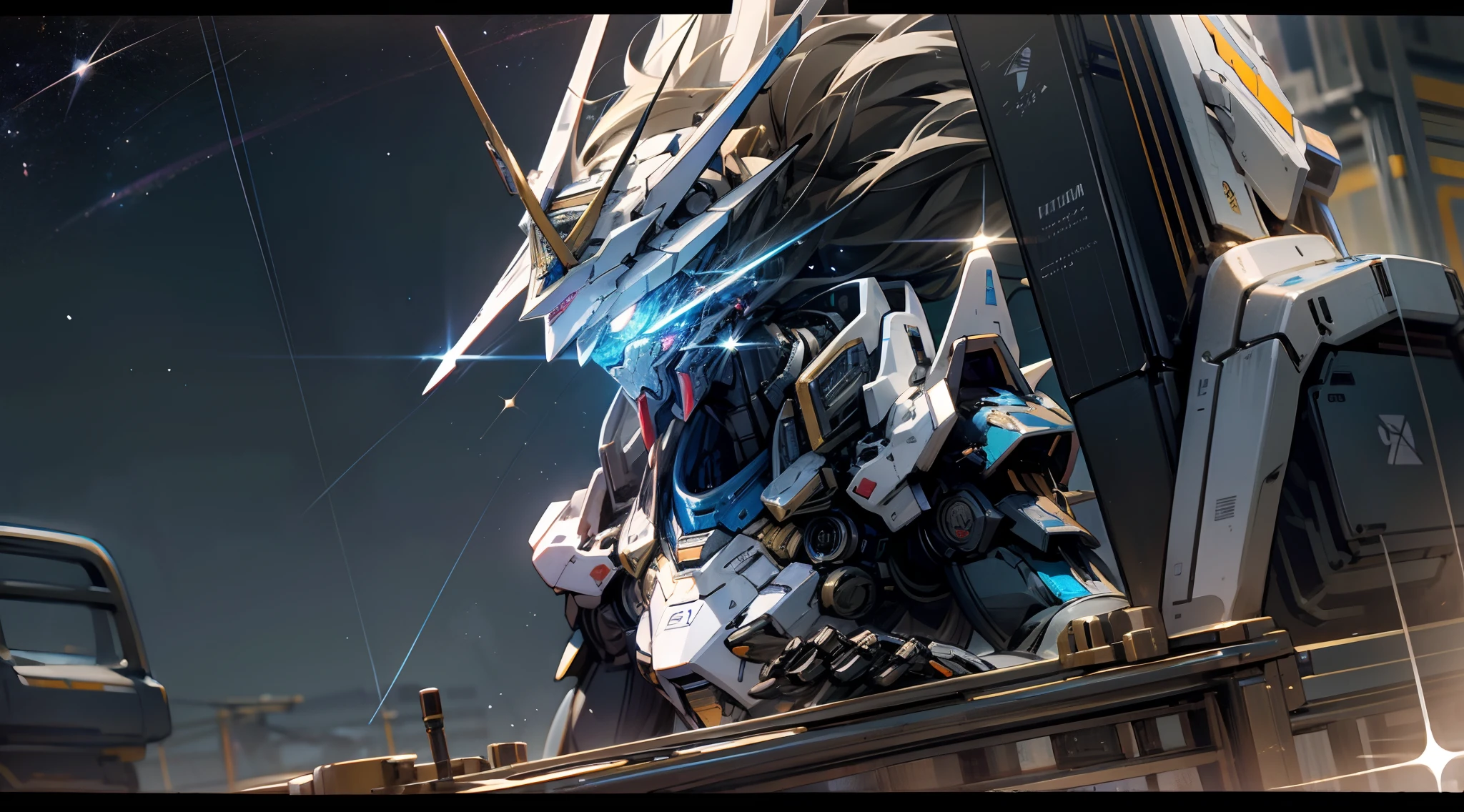 （（tmasterpiece，Better quality）），illustratio，Ultra-detailed 8K，Photorealsitic，tack sharp focus，The is very detailed，Professional lighting，Colorful detailed，cosmic starry sky，Large mechanical robot structure，Up，The sheen，Complicated details，cyber punk perssonage，The upper part of the body，Up，White and blue Gundam，drak，Shitu-mecha，