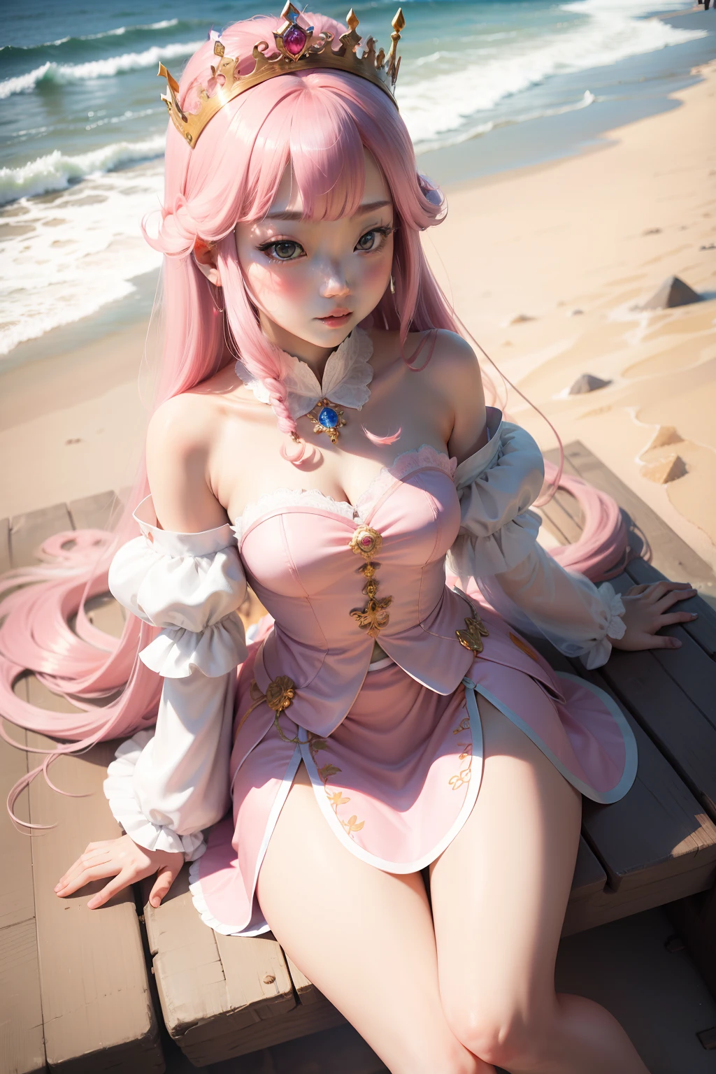 A princess,short skirt,Pink Long Hair,beachside,baiyun,2k,Royal sister,prette,tiara crown,ultra-wide-angle