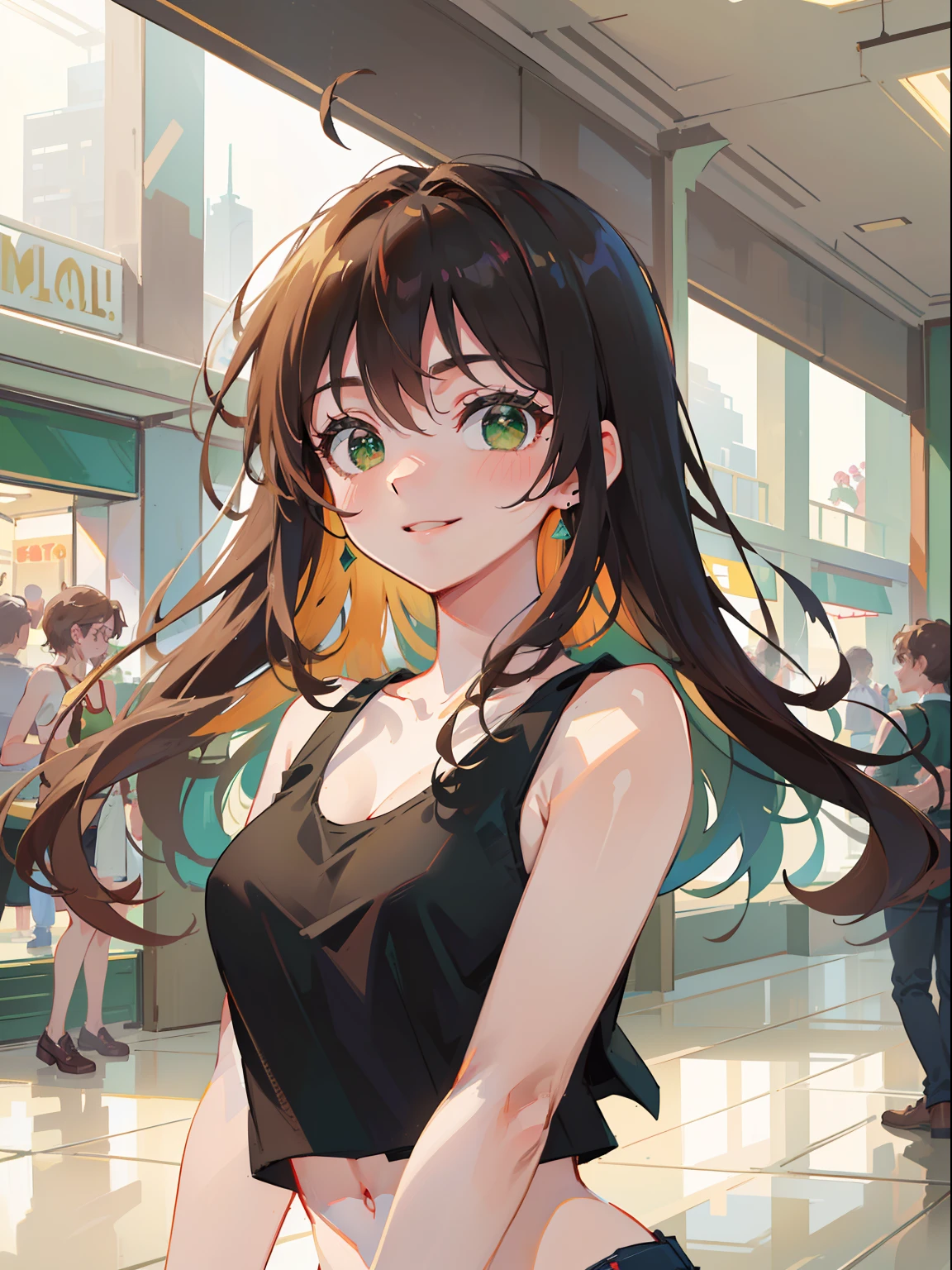 masterpiece), best quality, beautiful detailed hair detailed face, ultra high res, sharp focus, ((1 woman, solo)), perfect feminine face, upper body, medium close-up, (at the noon time:1.2), (in the mall:1.3), chesnut brown hair, ((beautiful shape eyes, green eyes)), look at the viewer, long hair, smiles, (black u-crop tank top:1.3)