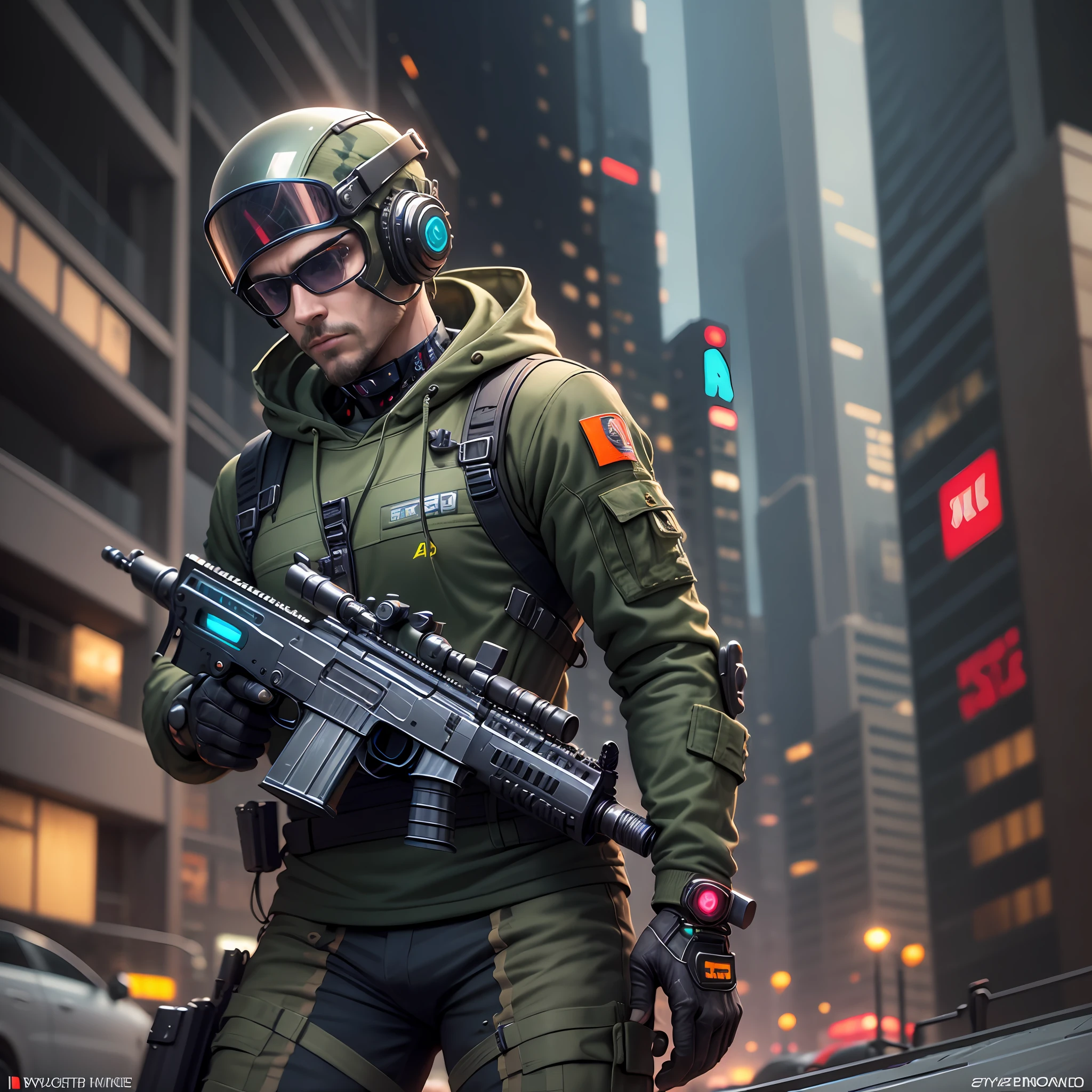create a male cyberpunk sniiper character, with multiple positions on white background, cybernetic modifications, master in the art of stealth and precision, neural implant, high-tech rifle, optical camouflage suit, --auto --s2