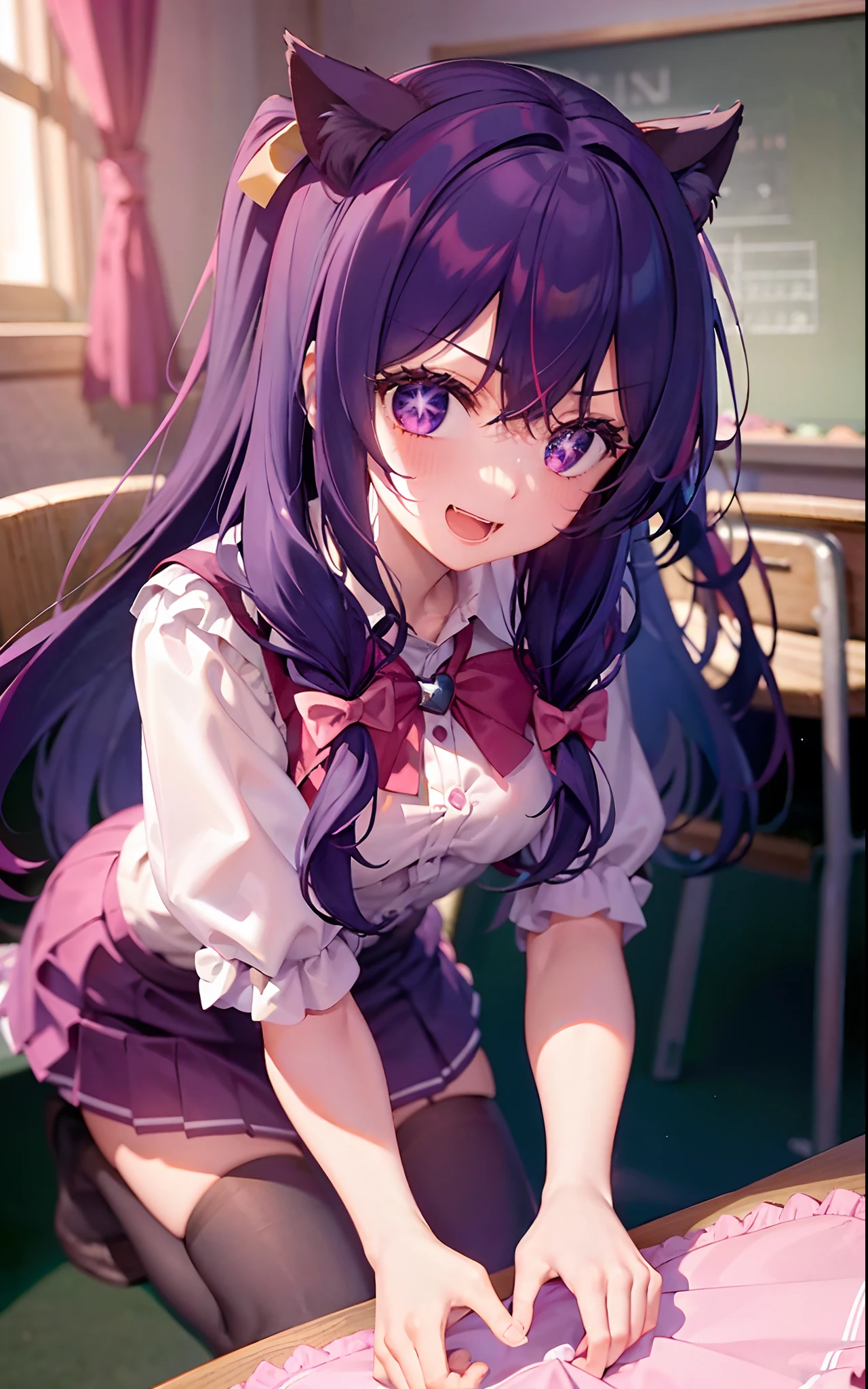 2 girls,((There is a five-pointed star in the eye))Gorgeous Hair in Long Purple,Smile,Open mouth,Inches,Unfasten the buttons,nedium breasts,Blushlush,Cat ears,Classroom,classroom desk,all fours,white stockings,((Be red in the face))