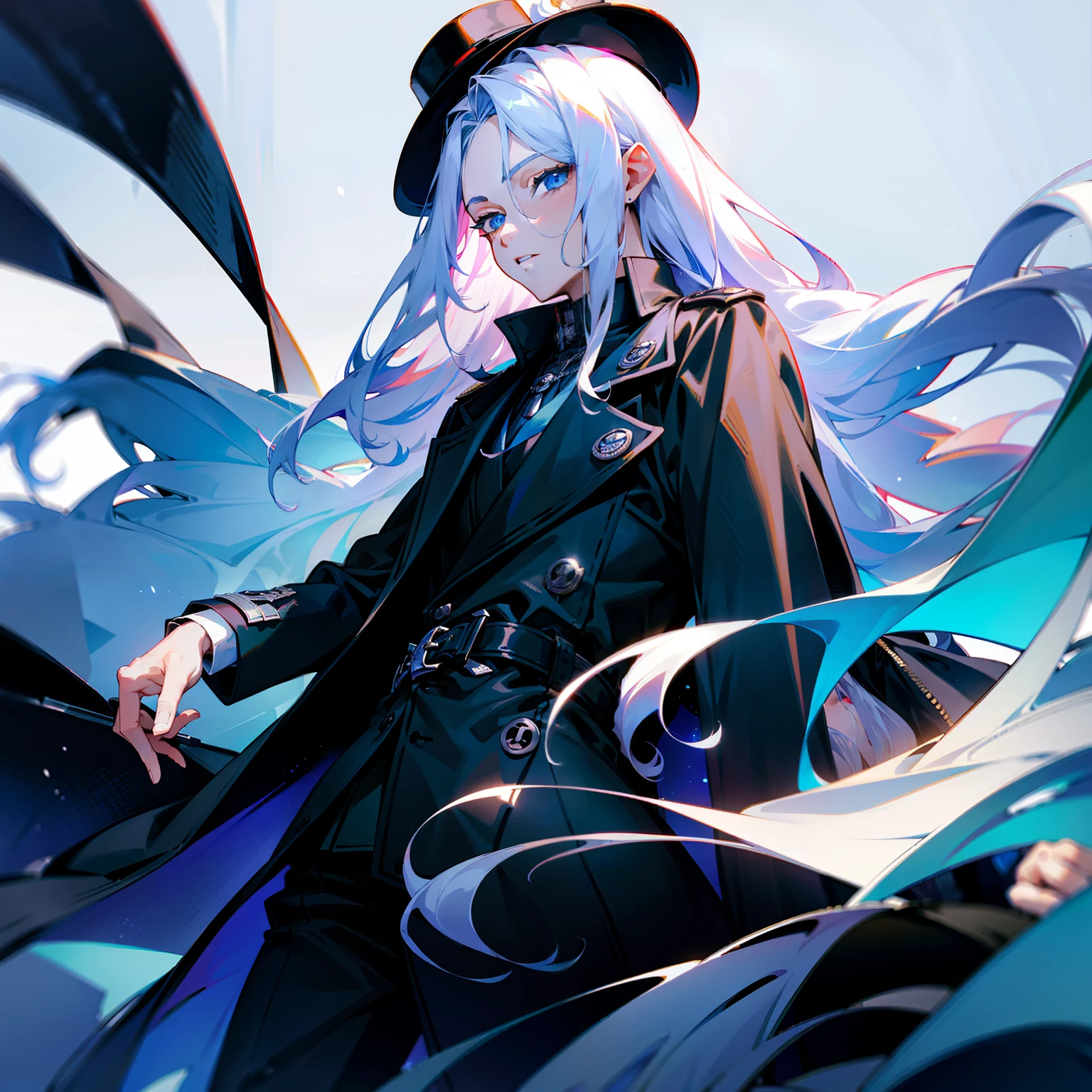 (tmasterpiece，best qualtiy)，A beautiful long white hair，Blue-eyed boy ，a black trench coat
