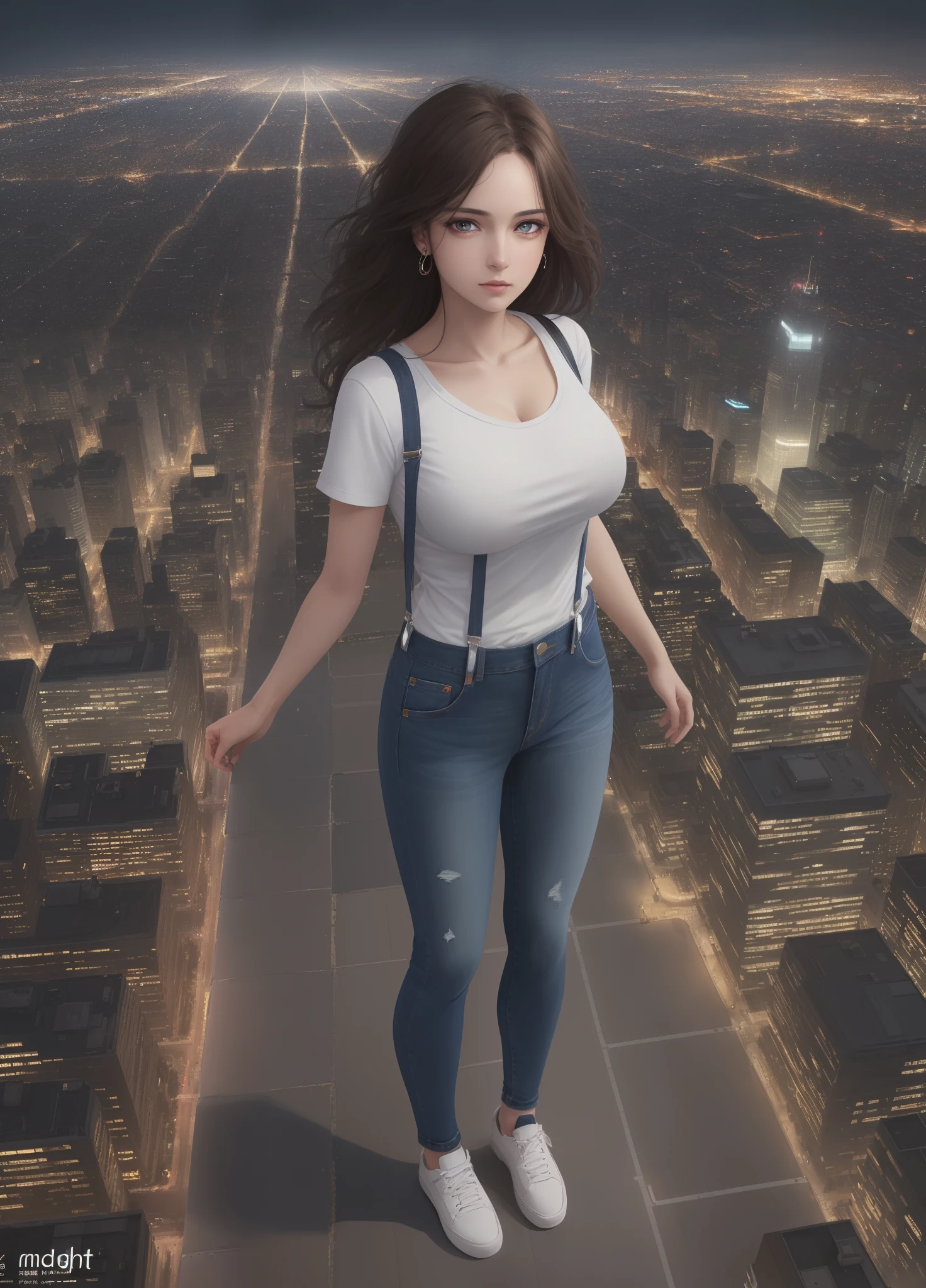 ((midynight, Need, 8k, tmasterpiece:1.3)), full bodyesbian, Long legs, Focalors:1.2, perfect figure beautiful woman:1.4, Slim abs:1.1, ((Dark brown hair, huge tit:1.2 )), (white tight t-shirt, Denim suspenders, standing on your feet:1.2), ((city night scene, the roof:1.3)), Highly detailed facial and skin texture, A detailed eye, 二重まぶた, art