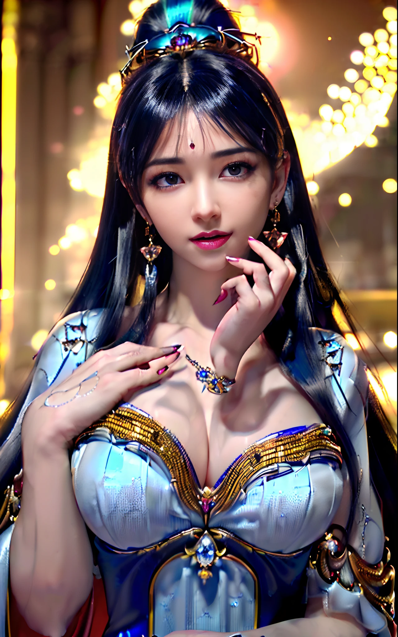 ((realisticity: 1.2)), ((realistic: 8K UHD)), ((best resolution: 8K UHD)), hyper detailed, best quality,masterpiece,highres,cg, ((1 girl hyper detailed and hyper realistic) ) , ((beautiful queen, hyper realistic and hyper detailed)),((white skin, beautiful, smooth, youthful, hyper realistic and hyper detailed )), ((Face hyper beautiful, white, hyper realistic and hyper detailed ) ), long hair, ((hyper realistic and hyper detailed dress)), solo, ((hyper realistic, hyper beautiful, beautiful and hyper detailed jewelry)), ((hyper beautiful deep red and golden yellow dress, hyper realistic and hyper detailed )) , ((Her pretty, hyper realistic, hyper detailed diamond filled earrings)), ((Her gorgeous diamond haircut, hyper realistic and hyper detailed)), ((hyper pretty upper body, hyper beautiful, hyper realistic and hyper detailed) ), ((medium breast: 1.1)), ((hyper realistic, hyper pretty, hyper detailed boobs)), ((the backgroun of the royal palace is hyper majestic, hyper realistic and hyper detailed)),((hands and palms hyper beautiful, hyper detailed, hyper realistic)), ((hyper detailed and hyper realistic fingers and fingernails)), (((hyper beautiful fingers, hyper detailed, and hyper realistic)), ((posture not too fat and not too thin, hyper realistic, hyper detail)), ((hyper pretty, hyper pretty, hyper realistic and hyper detailed hair bun)), ((hyper pretty , hyper realistic and hyper detailed blue hair)), candid, Photo, high resolution, 8k , bokeh,