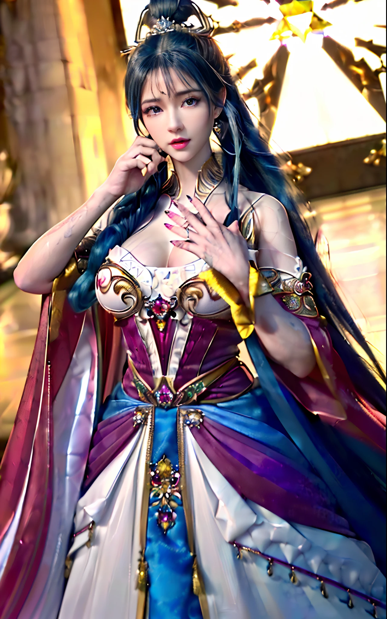 ((realisticity: 1.2)), ((realistic: 8K UHD)), ((best resolution: 8K UHD)), hyper detailed, best quality,masterpiece,highres,cg, ((1 girl hyper detailed and hyper realistic) ) , ((beautiful queen, hyper realistic and hyper detailed)),((white skin, beautiful, smooth, youthful, hyper realistic and hyper detailed )), ((Face hyper beautiful, white, hyper realistic and hyper detailed ) ), long hair, ((hyper realistic and hyper detailed dress)), solo, ((hyper realistic, hyper beautiful, beautiful and hyper detailed jewelry)), ((hyper beautiful deep red and golden yellow dress, hyper realistic and hyper detailed )) , ((Her pretty, hyper realistic, hyper detailed diamond filled earrings)), ((Her gorgeous diamond haircut, hyper realistic and hyper detailed)), ((hyper pretty upper body, hyper beautiful, hyper realistic and hyper detailed) ), ((medium breast: 1.1)), ((hyper realistic, hyper pretty, hyper detailed boobs)), ((the backgroun of the royal palace is hyper majestic, hyper realistic and hyper detailed)),((hands and palms hyper beautiful, hyper detailed, hyper realistic)), ((hyper detailed and hyper realistic fingers and fingernails)), (((hyper beautiful fingers, hyper detailed, and hyper realistic)), ((posture not too fat and not too thin, hyper realistic, hyper detail)), ((hyper pretty, hyper pretty, hyper realistic and hyper detailed hair bun)), ((hyper pretty , hyper realistic and hyper detailed blue hair)), candid, Photo, high resolution, 8k , bokeh,