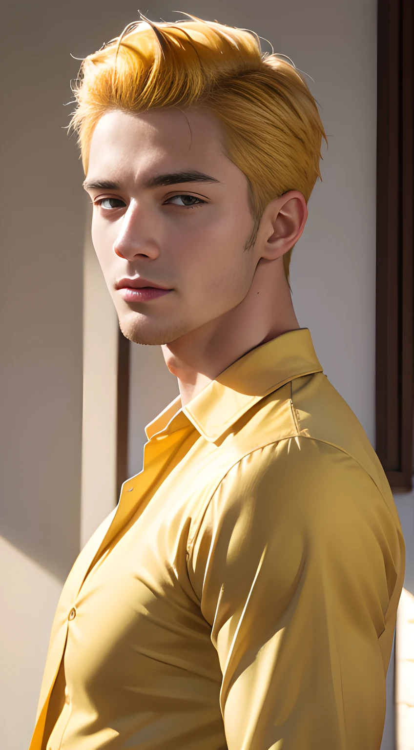 ((Men only)), (head shot), (handsome muscular young man in his 20s), (wearing a yellow dress shirt), (William Franklyn-Miller), yellow hair, (showing his abs), Mischievous smile, (detaile: 1 in 1), Natural muscles, HIG quality, beautidful eyes, (Detailed face and eyes), (Face、: 1 / 2), Noise, Real Photographics、... ................................................................................................................PSD, Sharp Focus, High resolution 8K, realisitic & Professional Photography, 8K UHD, Soft lighting, High quality, Film grain, FujifilmXT3