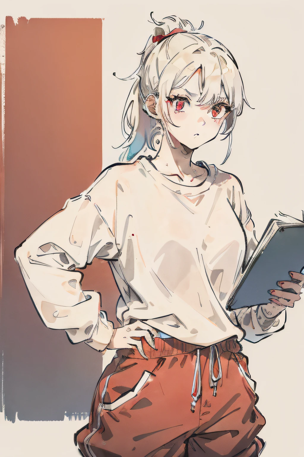 Messy white single ponytail hair，Woman with red eyes，Wear a sweatshirt on top and sports shorts underneath，Put your left hand in your waist，the right hand held a book，