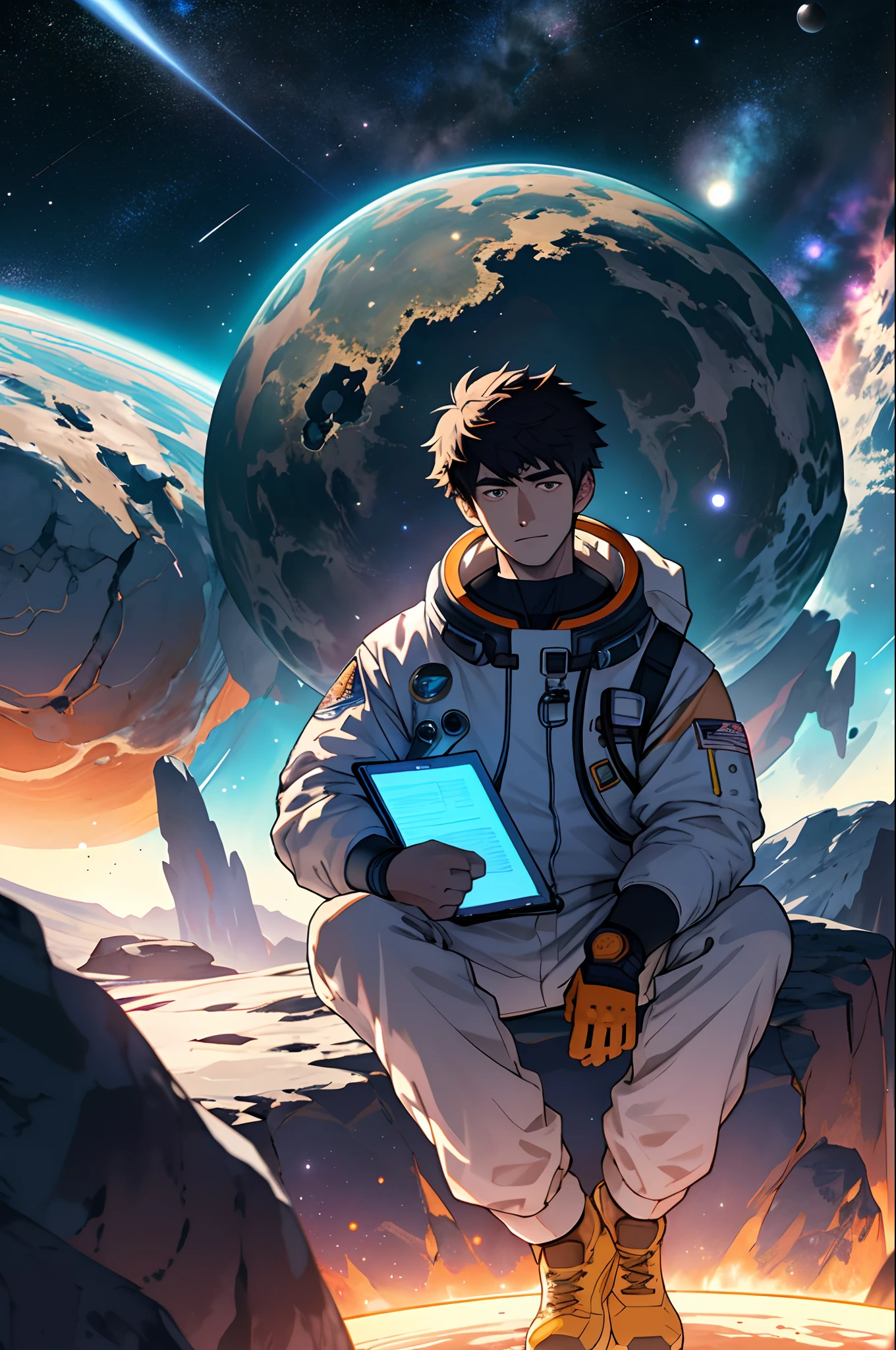 Draw a young programmer,Sit on a research platform floating in the middle of the asteroid belt。He was studying with a notebook,Surrounded by several asteroids that emit fiery rings。Dramatic illuminations from distant stars and planets illuminate the scene,A deep shadow was cast on the spacesuit。The young man looks confident and determined,Look at the vast and mysterious universe with amazement and respect,cowboy lens,short detailed hair,Handsome