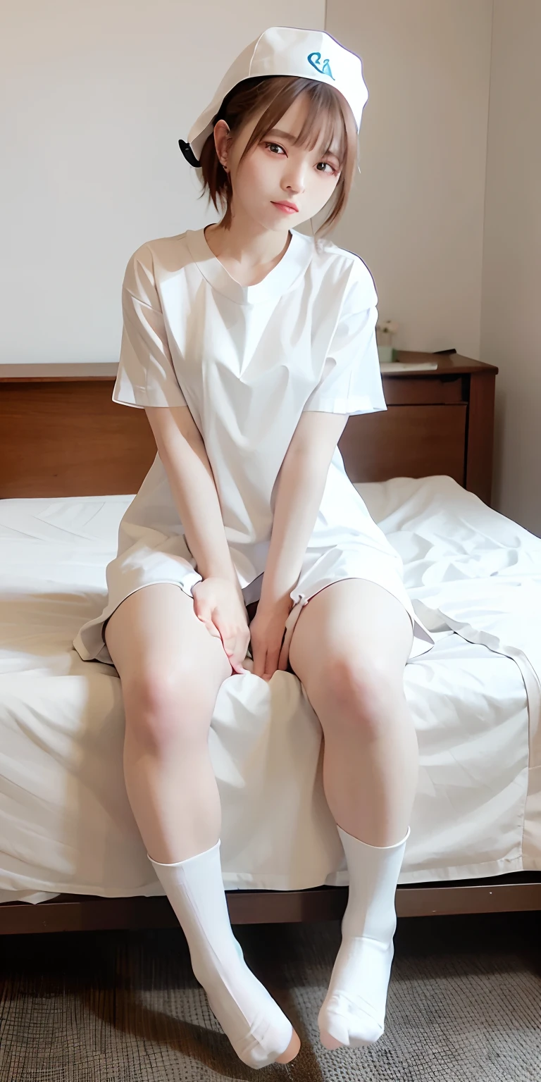 独奏， Solid color nurse cap， white  clothes， Nurse style view， sit on a bed， adolable， brown  hair， Plain white sheets， stocklings， Armpits are visible， thighs visible，White knee-length socks，No underwear