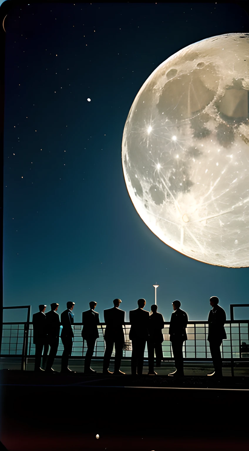 (vintage photography, U.S. military officials and scientists, clandestine meeting, moon observation, 1960's)