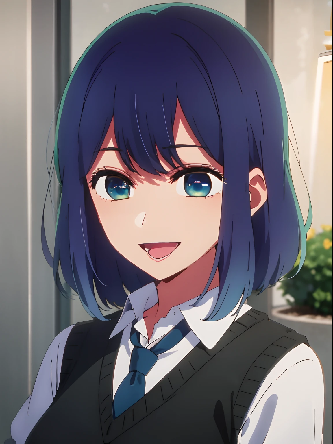 beautiful lighting, 1girl in, 独奏, Akane, white shirt, Sweater Vest, Black vest, Blue tie, ((anime styled))、((2D))、A smile、Open your mouth