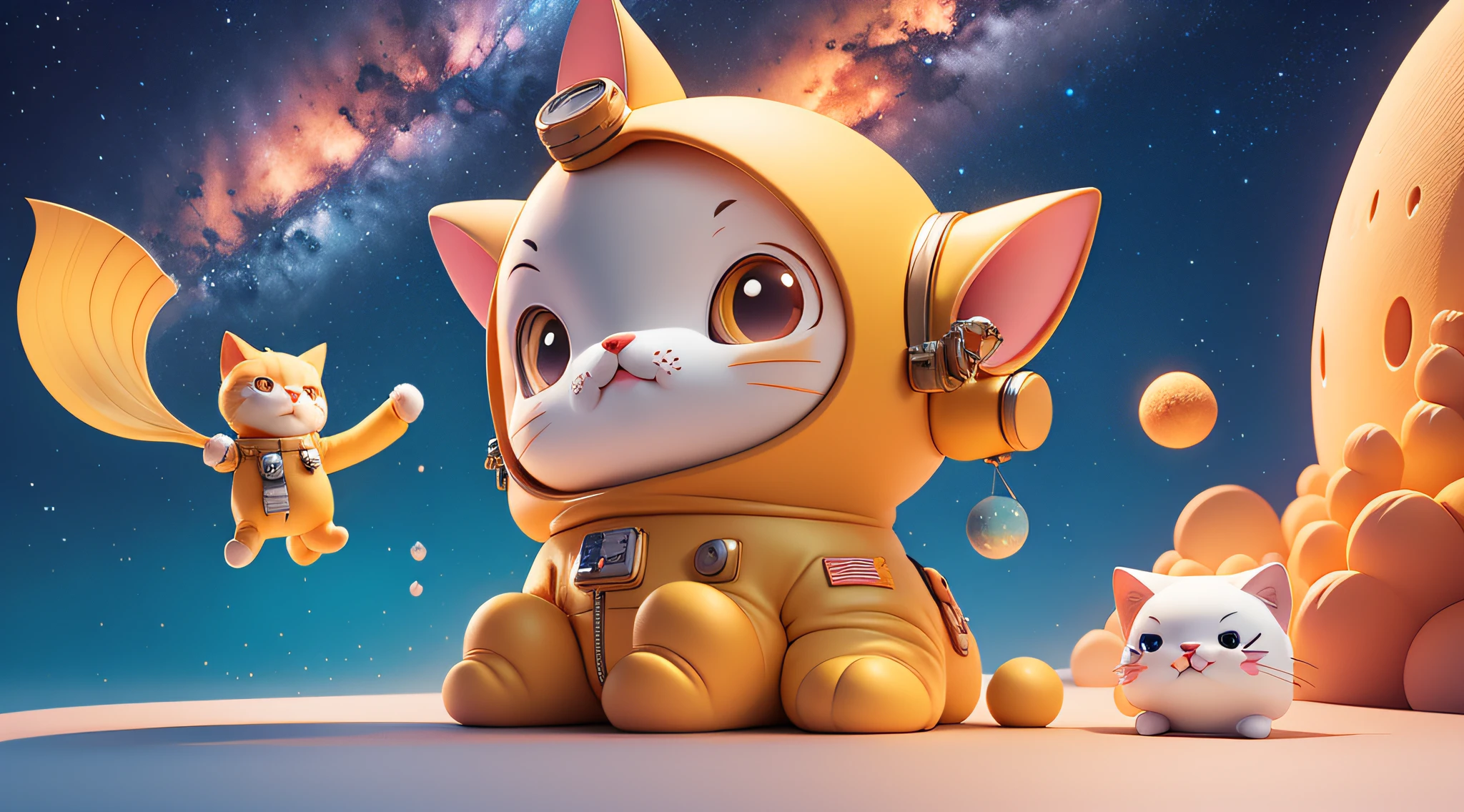 Cat in spacesuit, cute digital painting, cute 3d rendering, starry sky background, cute cartoon characters, rendering stylized, character art rendering character art 8k, rendering digital art! C4D