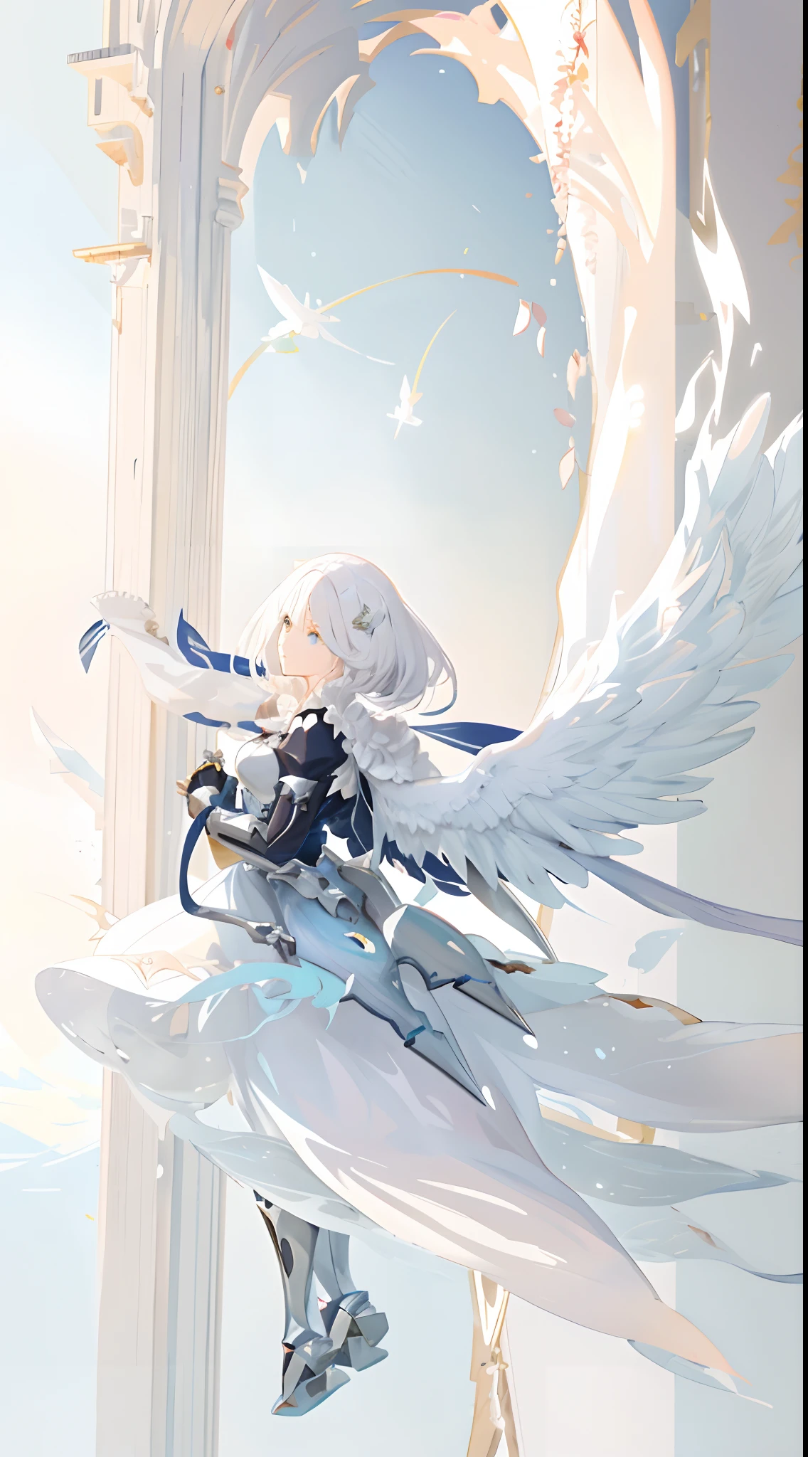 Anime girl with white hair and wings holding a sword, From the night of the ark, Anime epic artwork, Anime fantasy artwork, cushart, ethereal and mecha theme, arknight, 2. 5 D CGI anime fantasy artwork, angel knight girl, big white glowing wings, inspired by Krenz Cushart, White wings, epic anime fantasy, ethereal anime, kancolle