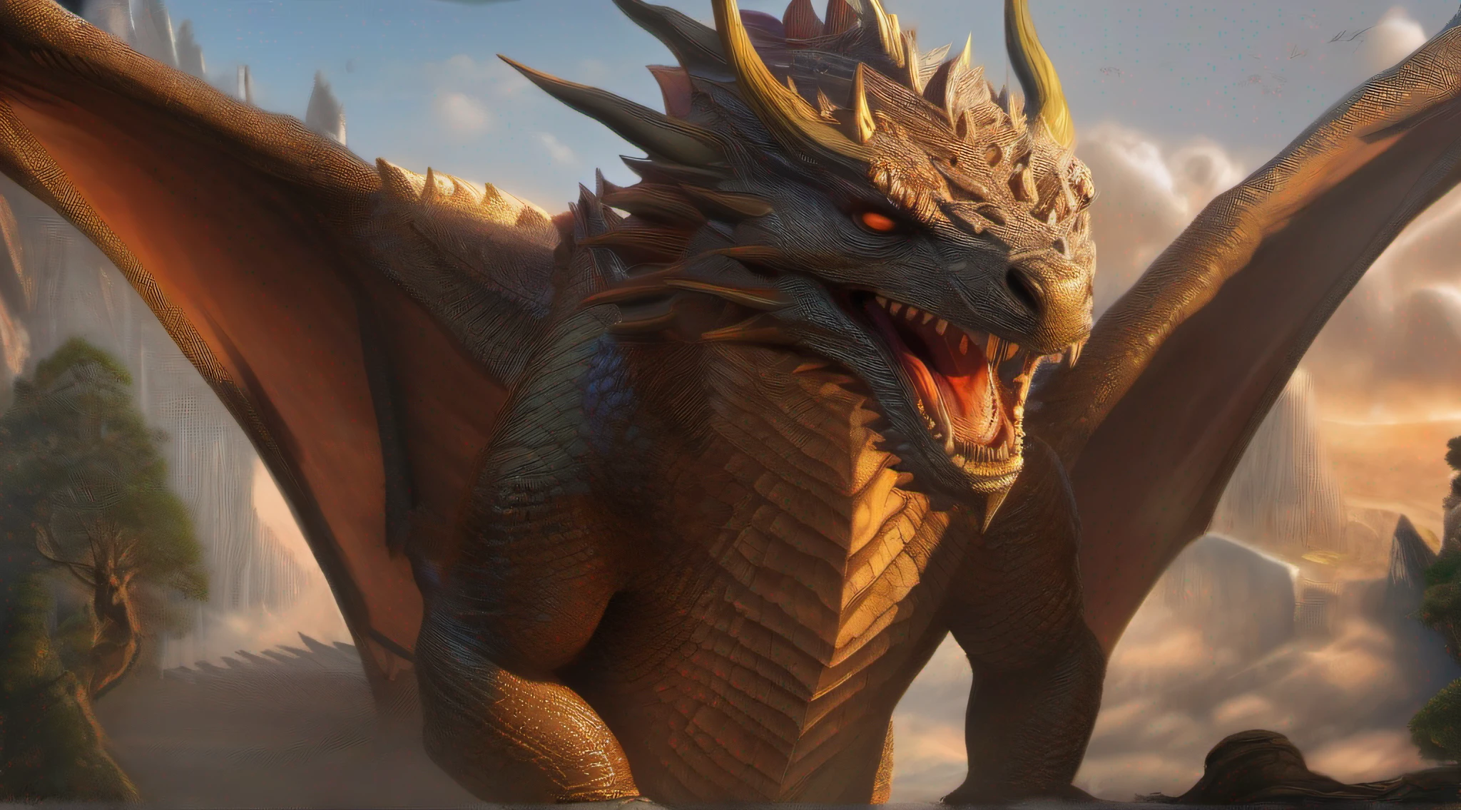 Touro, gigante, 6 chifres, dragonskin, olhos flamejantes, Mythological Being, detalhes intrincados, Arte fantasia, 16k