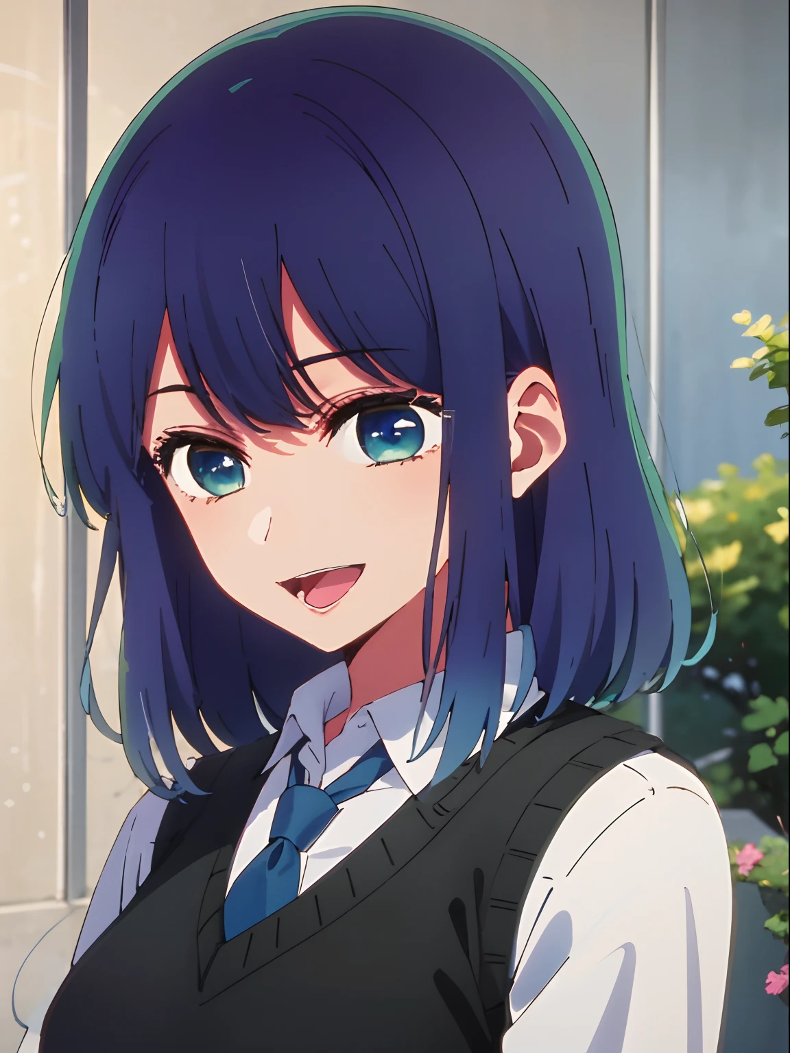beautiful lighting, 1girl in, 独奏, Akane, white shirt, Sweater Vest, Black vest, Blue tie, ((anime styled))、((2D))、A smile、Open your mouth