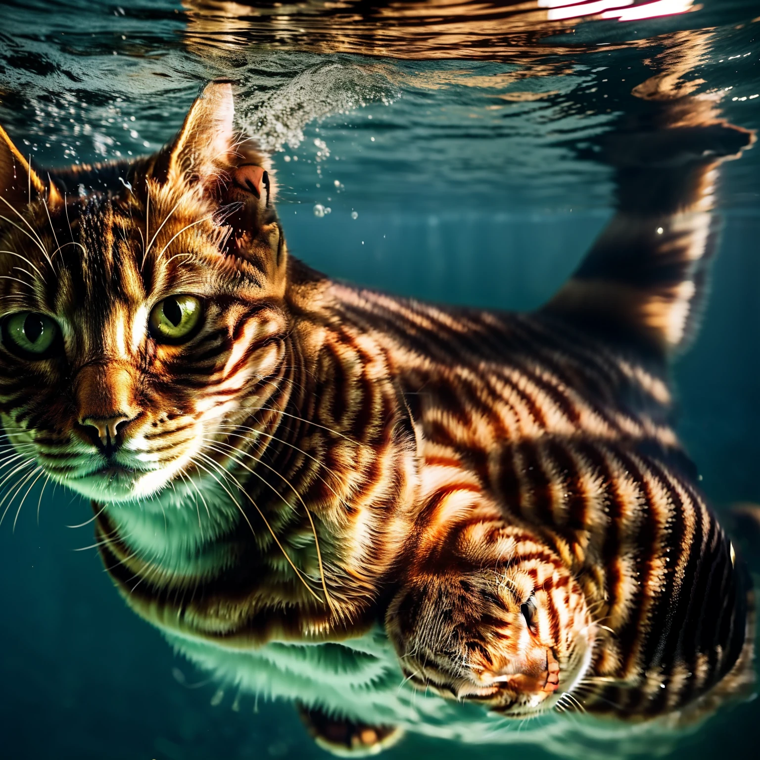 Hd, realistic, masterpiece, a ginger color cat, swimming, underwater