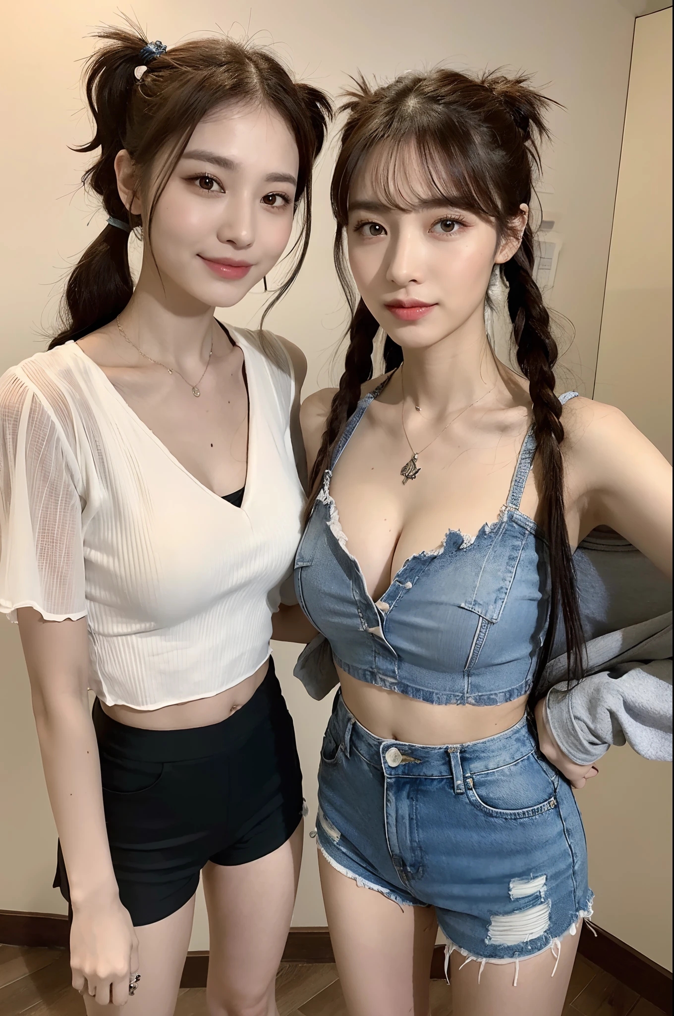 (top quality, 8k, masterpiece: 1.3),(((duo,Two women))),colorful pigtail, pretty woman with a perfect figure: 1.4, dark brown hair, big, wearing pendants, torn shorts, sleeping in bedroom, highly detailed face and skin, detailed eyes, double eyelids, color contacts, camisole, cleavage, constricted waist, perfect style, slim style, tattoos,