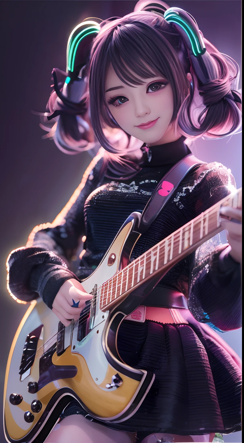 Doll anime girl playing guitar on neon stage, Alluring, mischievous grin, muse, Stunning, Ultra-realistic volumetric detail,Ultra-clear face，Delicate and detailed face，illusory engine