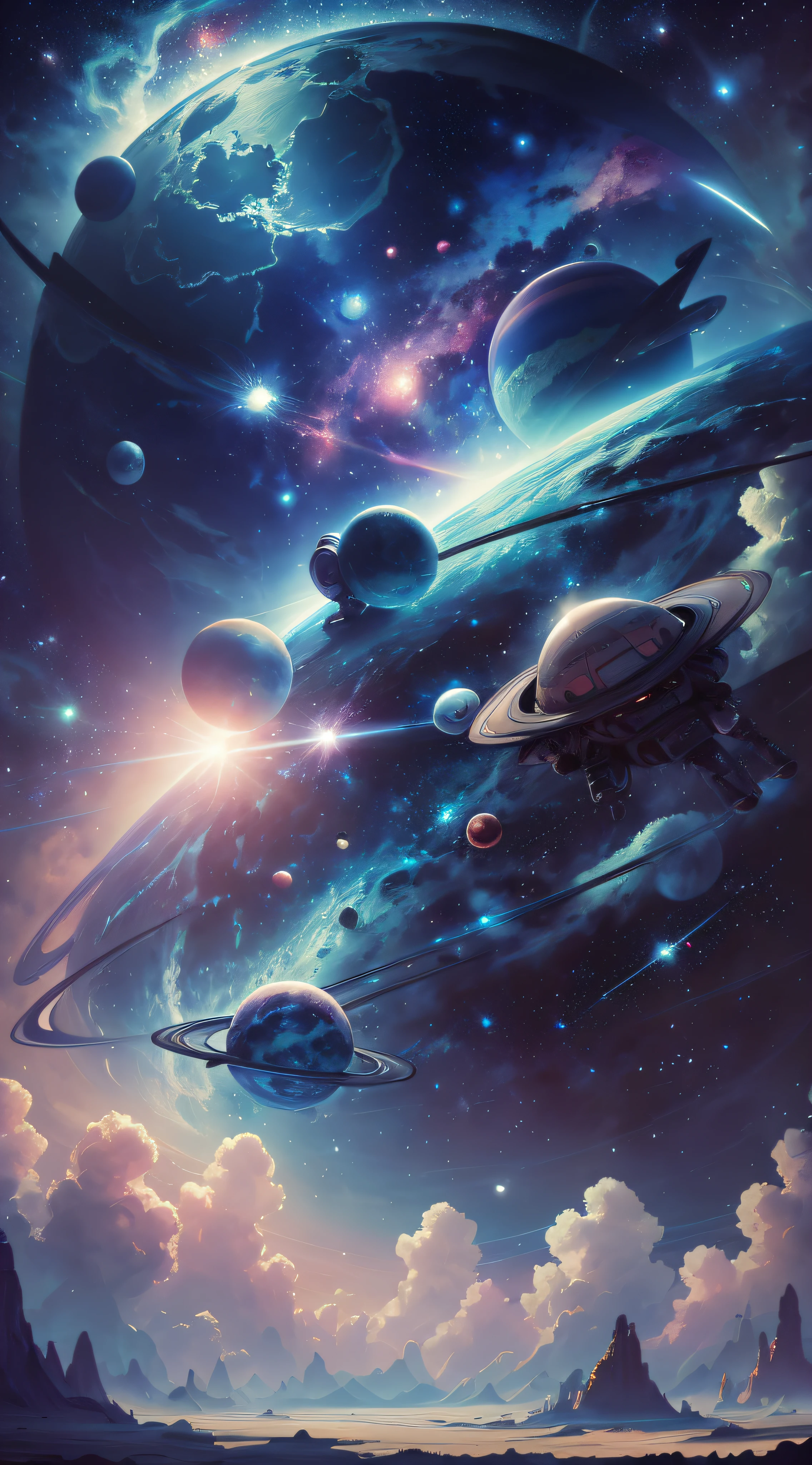 The spaceship flies over a planet full of stars, epic beautiful space scifi, 4k highly detailed digital art, galaxy space sci - fi, jen bartel, Fantasy space, amazing wallpapers, 4K detailed digital art, 4k solarpunk wallpaper, 8K stunning artwork, orbiting space ships, planets behind, 8K high quality detailed art, Space art