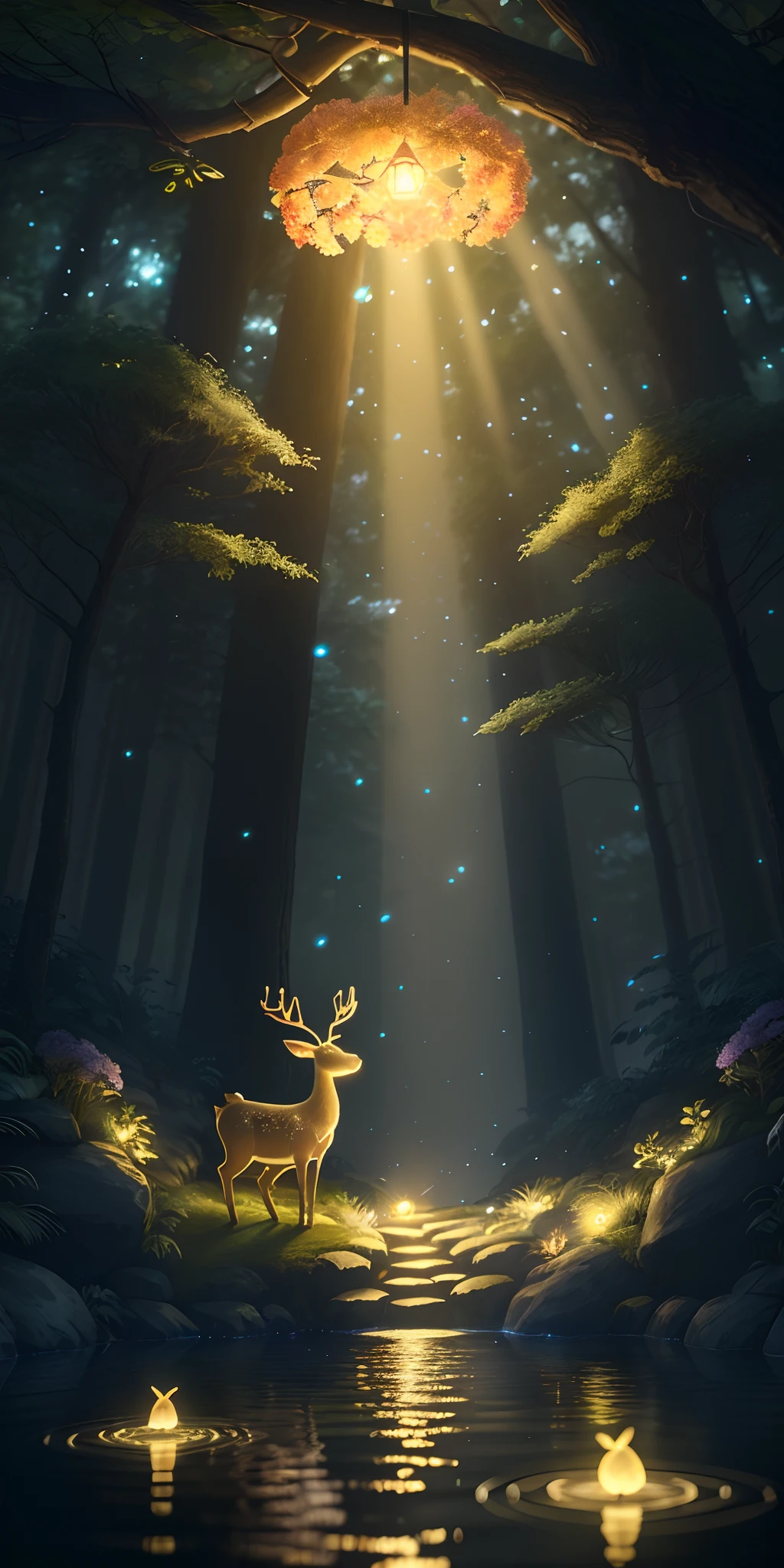 Masterpiece, best quality, (very detailed CG unity 8k wallpaper), (best quality), (best illustration), (best shadows), glow sprite, with a glowing deer, in the swimming pool Drinking water, natural elements in the forest theme. Mysterious forest, beautiful forest, nature, surrounded by flowers, delicate leaves and branches surrounded by fireflies (natural elements), (jungle theme), (leaves), (twigs), (fireflies), (particle effects) etc. 3D , Octane rendering, ray tracing, super detailed