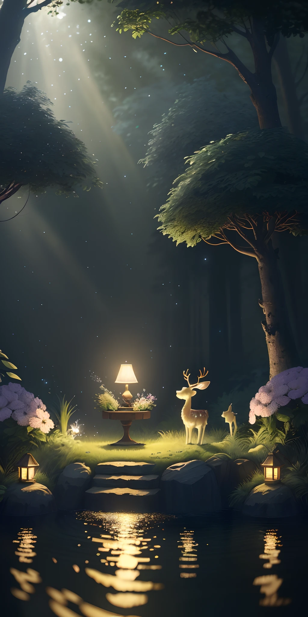 Masterpiece, best quality, (very detailed CG unity 8k wallpaper), (best quality), (best illustration), (best shadows), glow sprite, with a glowing deer, in the swimming pool Drinking water, natural elements in the forest theme. Mysterious forest, beautiful forest, nature, surrounded by flowers, delicate leaves and branches surrounded by fireflies (natural elements), (jungle theme), (leaves), (twigs), (fireflies), (particle effects) etc. 3D , Octane rendering, ray tracing, super detailed