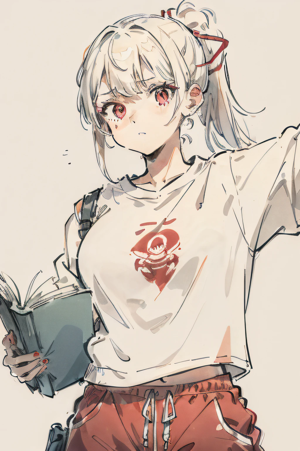 Messy white single ponytail hair，Woman with red eyes，Wear a sweatshirt on top and sports shorts underneath，Put your left hand in your waist，the right hand held a book，It's cute to look at