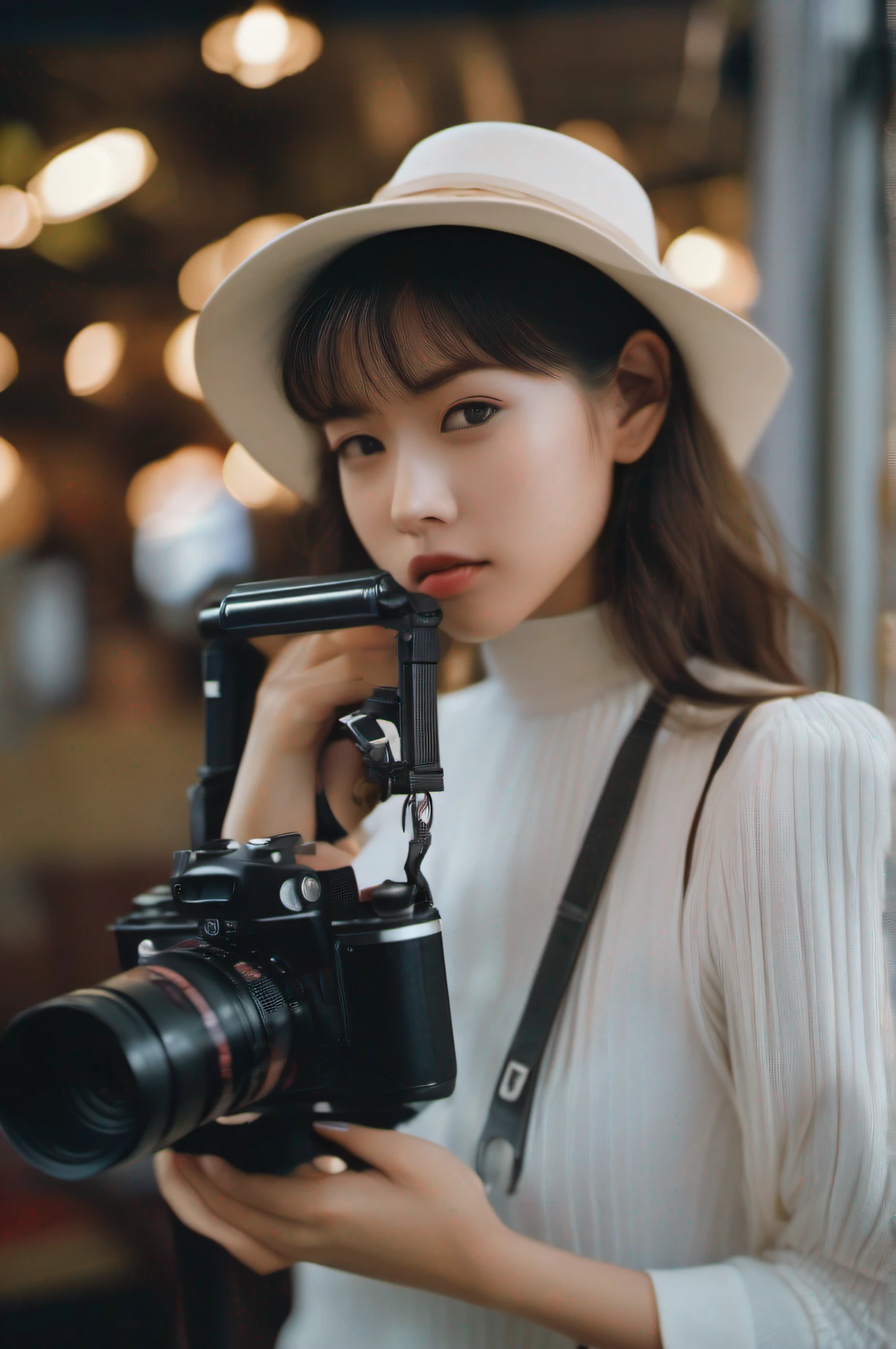 Realistic, Realistic style, A masterpiece of portrait photography, Shot on cinematic still 800T 35mm film, Leica M9 Voitland 35mm Classic, key vision, Movie color level, highly detailed fabric, neural networks, 1 girl, Beautiful sexy asian mixed race woman,Perfect face shape, The face of a Korean idol,Raised sexy,Innocent temperament movie star, She was filming a scene from a movie, The graphics are exciting,