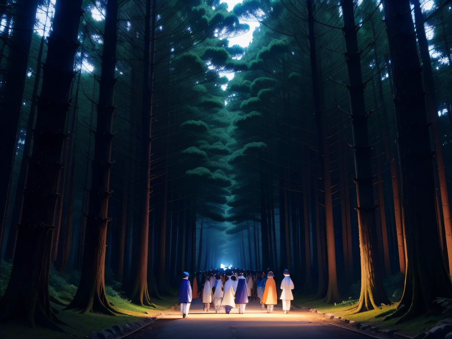 Procession of people wearing kimonos in the forest at night、Overall color:Blue-dark