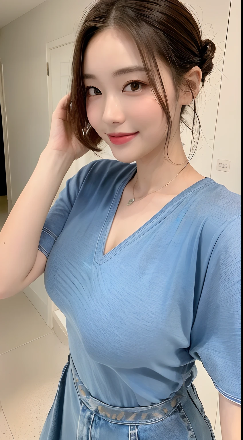 ((Best Picture Quality, 8k, tmasterpiece:1.3)), 1girl, Beautiful woman with slender abs:1.3, (Casual hairstyle, Leaky big breasts:1.2), shift dresses:1.1, Ultra-fine face, A detailed eye, 二重まぶた,ssmile,