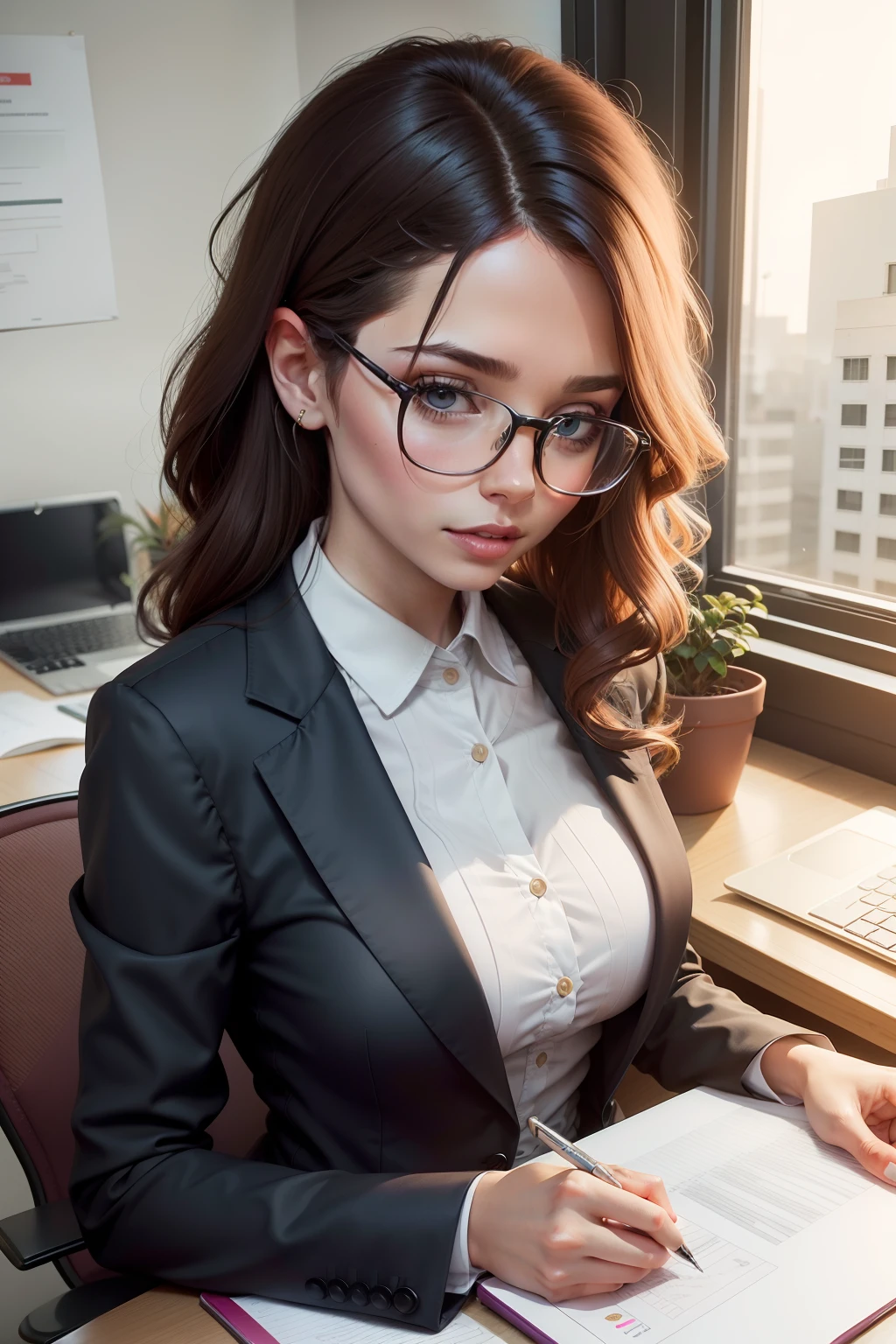 Make an entrepreneurial woman, vestido formalmente. she's in an office writing on her iPad