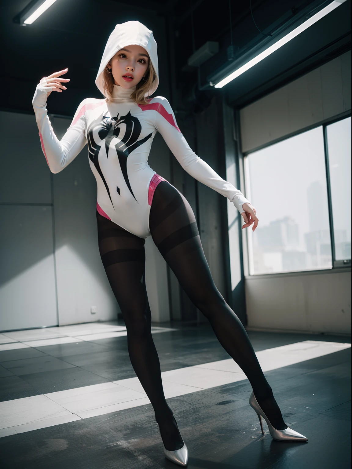 (full body:1.5),(looking at viewer:1.4),(anatomy correct:1.3),(In the paradise of the day:1.3),(Wearing Pantyhose and pointed toe high-heeled, and Female Spider Gwen full body Suit :1.4), (A high jump posture:1.3),(In pink|amarelo|blue colors|green color|red colour|white colors|black in color|purpleish color|greys|Beige|Flesh color 1.4),(Accurate and perfect face:1.4),(Clothing Gloss:1.25),(Skin reflection:1.25)A shallow laugh,,hyper HD, Ray traching, reflective light,structurally correct, Award-Awarded, high detal, lightand shade contrast, Face lighting,cinmatic lighting, tmasterpiece, super detailing, high high quality, high detal, best qualityer, 16k,high contrast,