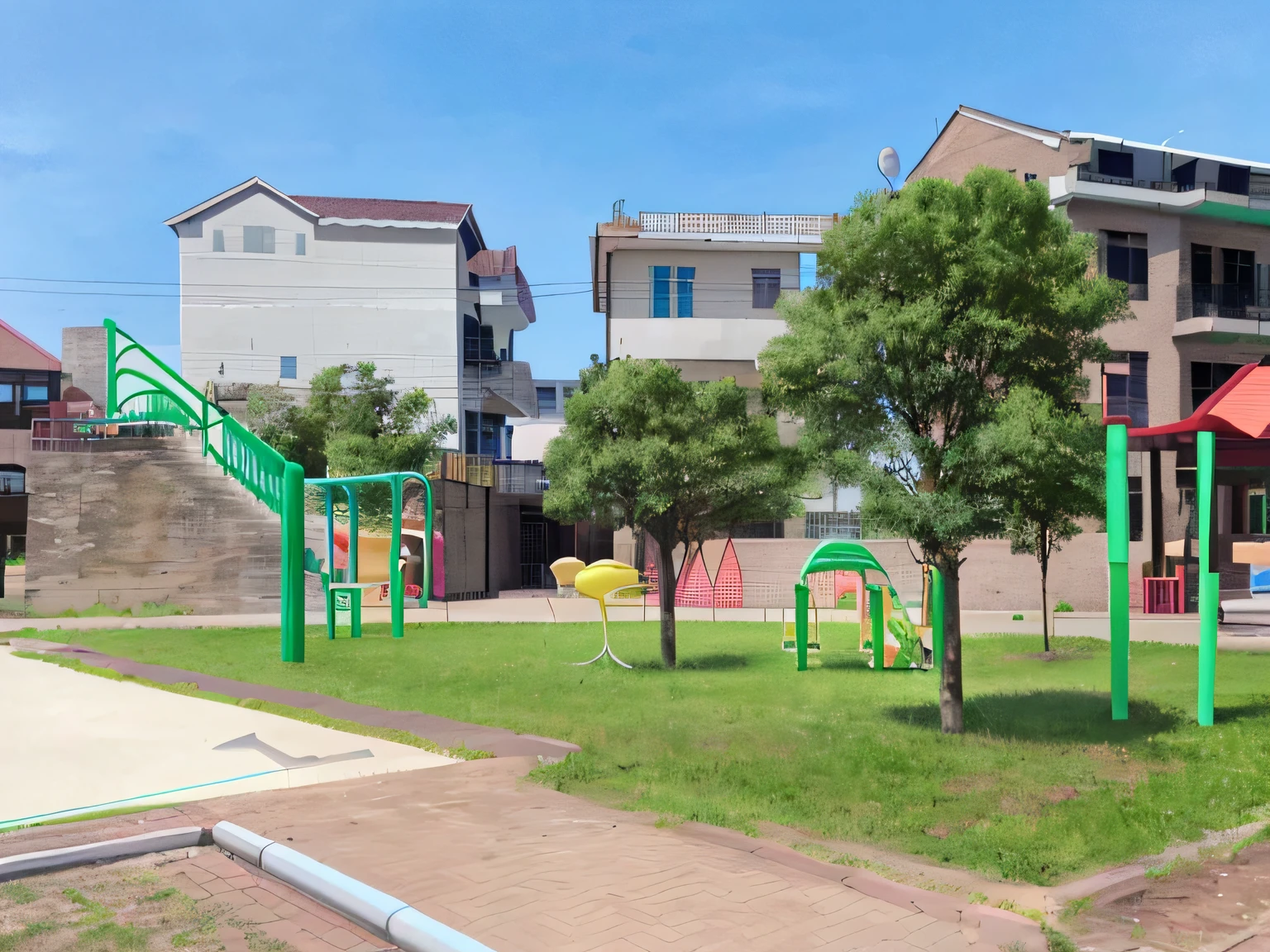There is a playground in the middle of the residential area, with a park in the back ground, park in background, children playground, with a park in the background, residential area, Beautiful image, jinyiwei, A park, playground, ruanjia, school courtyard, the photo shows a large, Clean image, photograph taken in 2 0 2 0, green square