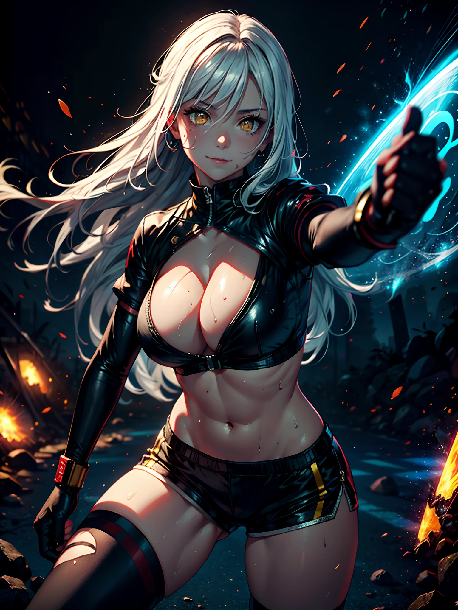 Masterpiece, Best quality, 1girll, Solo Woman, Cinematic light, Battle effect background, Long white hair, Yellow eyes, Big breasts, Black shorts, White cropping, Black jacket, warrior girl, intricate outfits, Hair ornaments, Glowing eyes, Smile, Blood dripped from the mouth, Long socks, navel, septum, Energy particles, Fighting stance, Sweat, Night, Glowing eyes, Dark skin, black glove