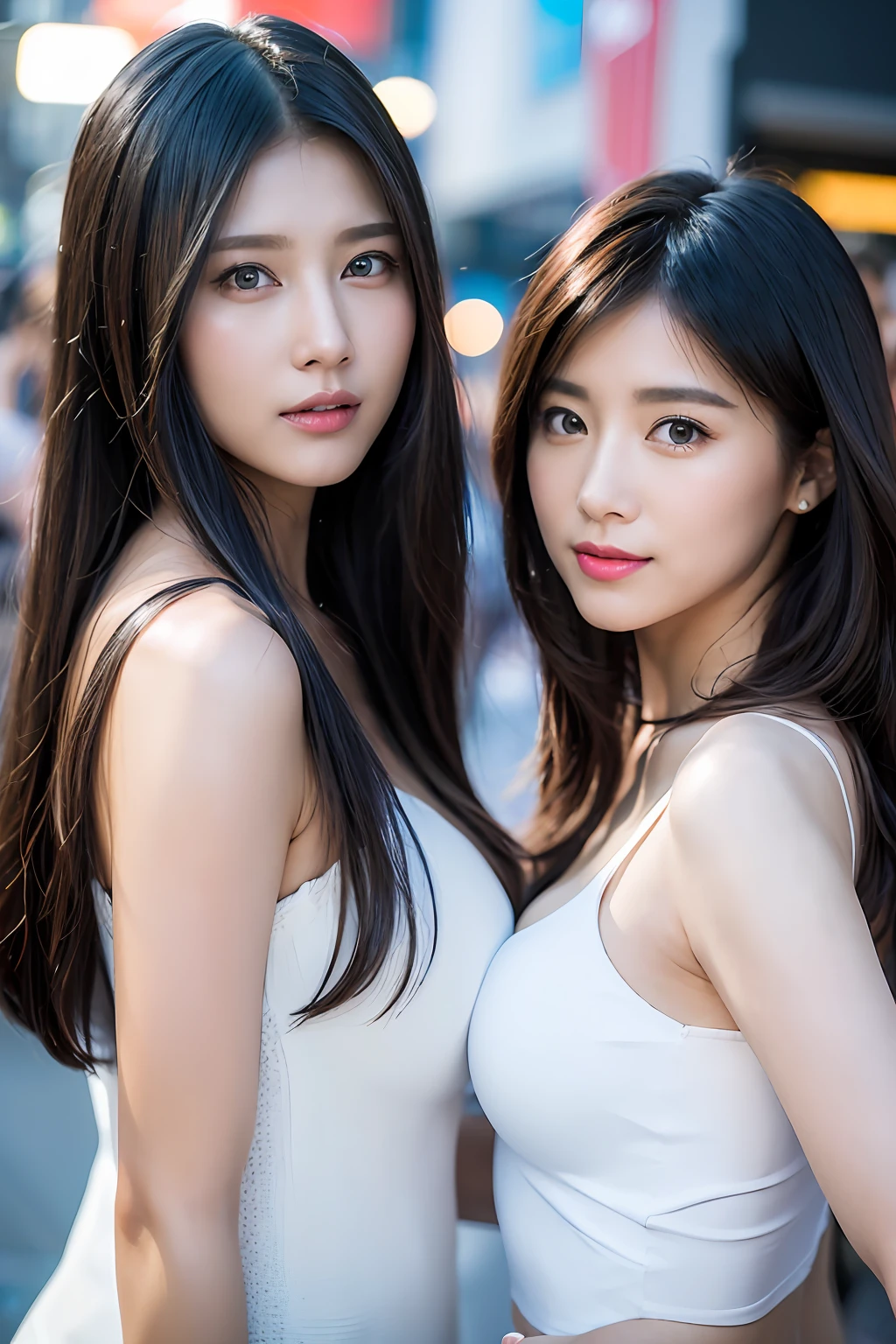 (Photoreal: 1.4), (Hyperrealistic: 1.4), (Realistic: 1.3), (Smooth Lighting: 1.05), (Improved Cinematic Lighting: 0.9), 32K,duo,Two women in costume taking selfies on the street,colorful pigtail, anime cosplaying, 20 Year Old Girls, Realistic Lighting, Backlight, Face Lights, Ray Trace, (Whitening Light: 1.2), (Image Enhancement: 1.4), ( Best Quality Real Skin: 1.4), Fine Eyes, Fine Face, Fine Eyes, (Increased Body Line Mood: 1.1), Oversized Breasts, Big, (Increased Skin Texture Beauty: 1.1),protruding