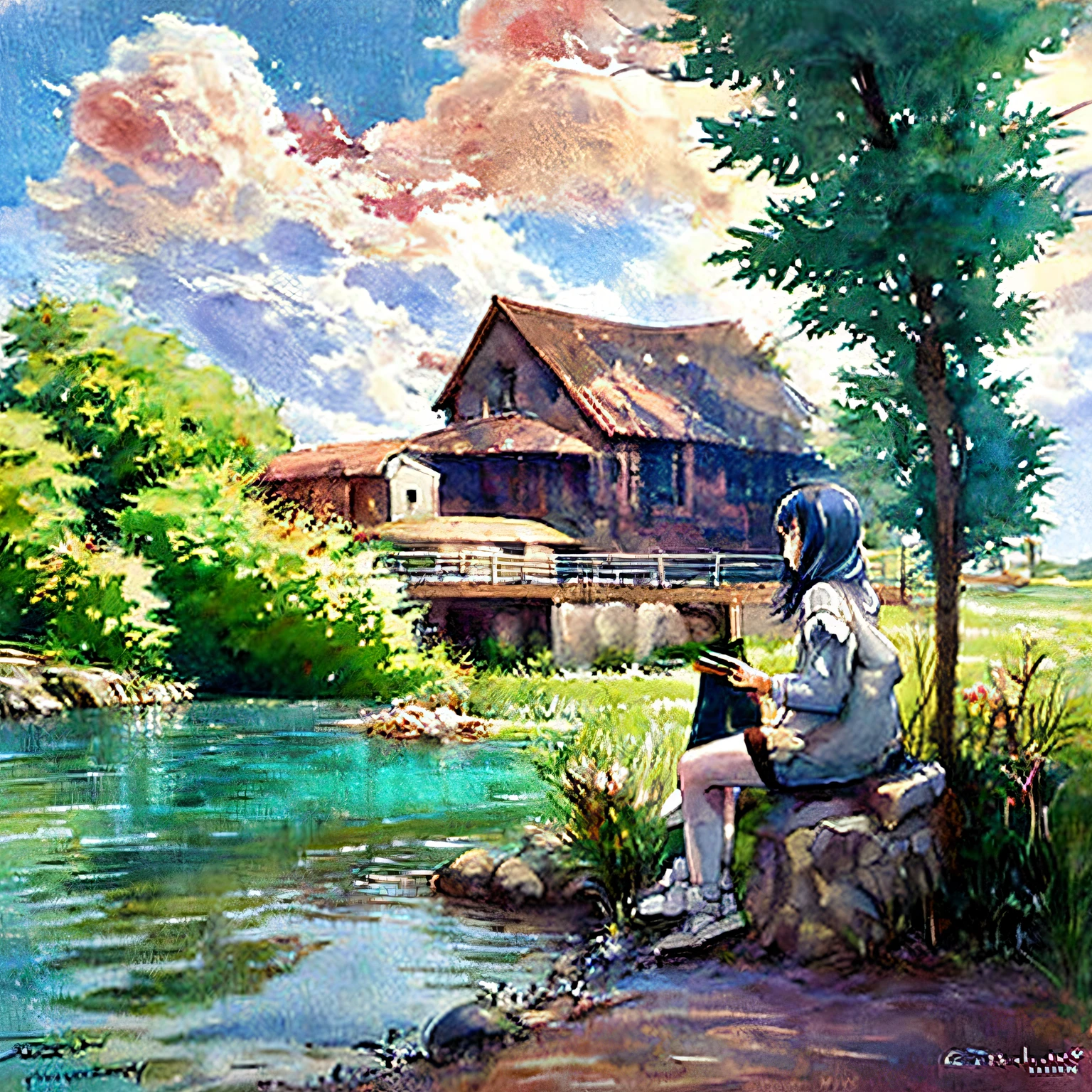 Anime girl sitting on windowsill，legs crossed, girl clouds, lofi-girl, Praise Artstyle, pastel style painting, Lofi art, lofi girl aesthetic, trending on artstration, dreamlike illustration, dreamy psychedelic anime, animeaesthetic, Guviz-style artwork, lovely art style, Soft anime illustration, beautiful anime art style，k hd