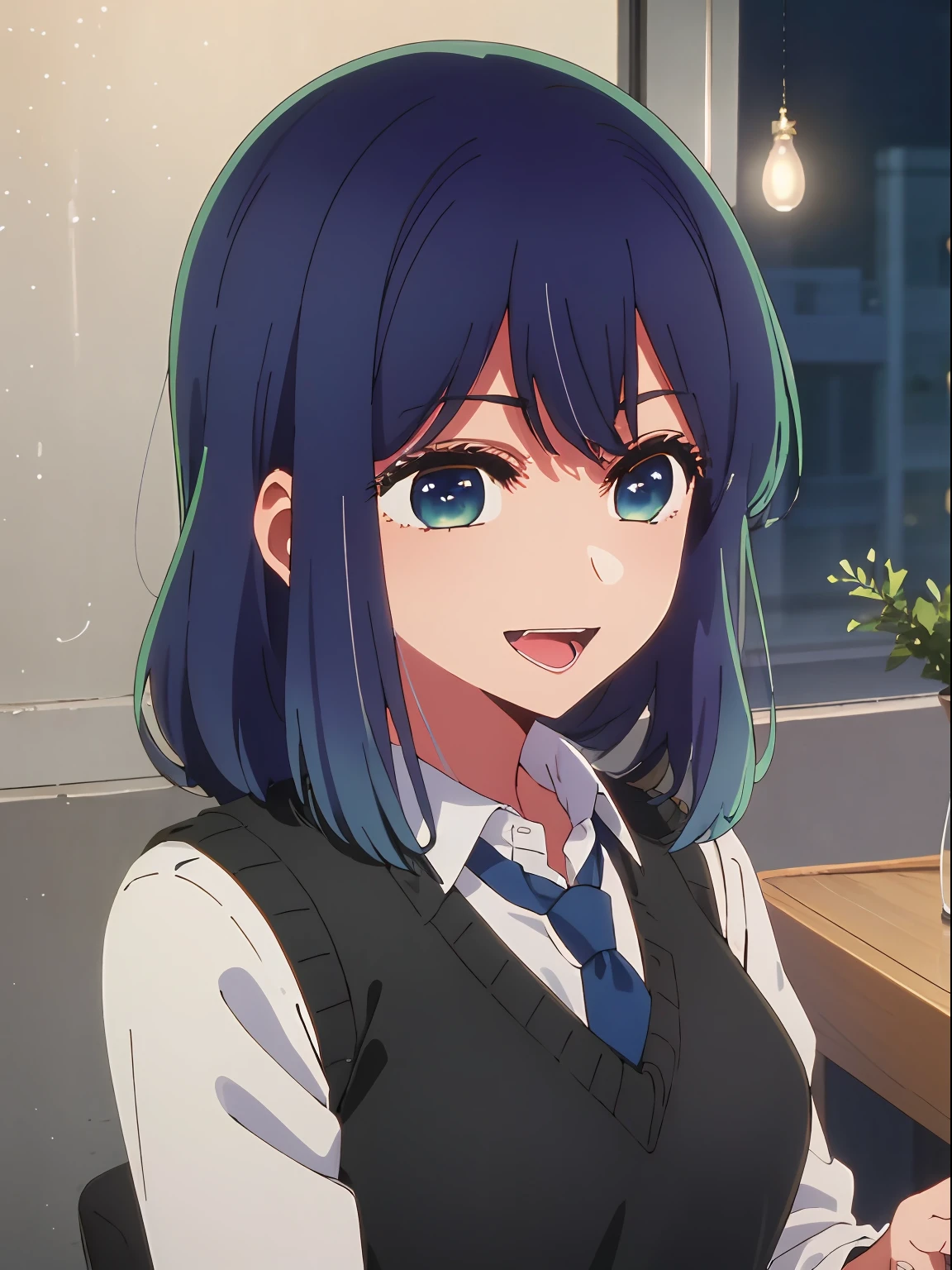 beautiful  lighting, 1girl in, 独奏, Akane, white  shirt, Sweater Vest, Black vest, Blue tie, ((anime styled))、((2D))、A smile、Open your mouth、The long-haired