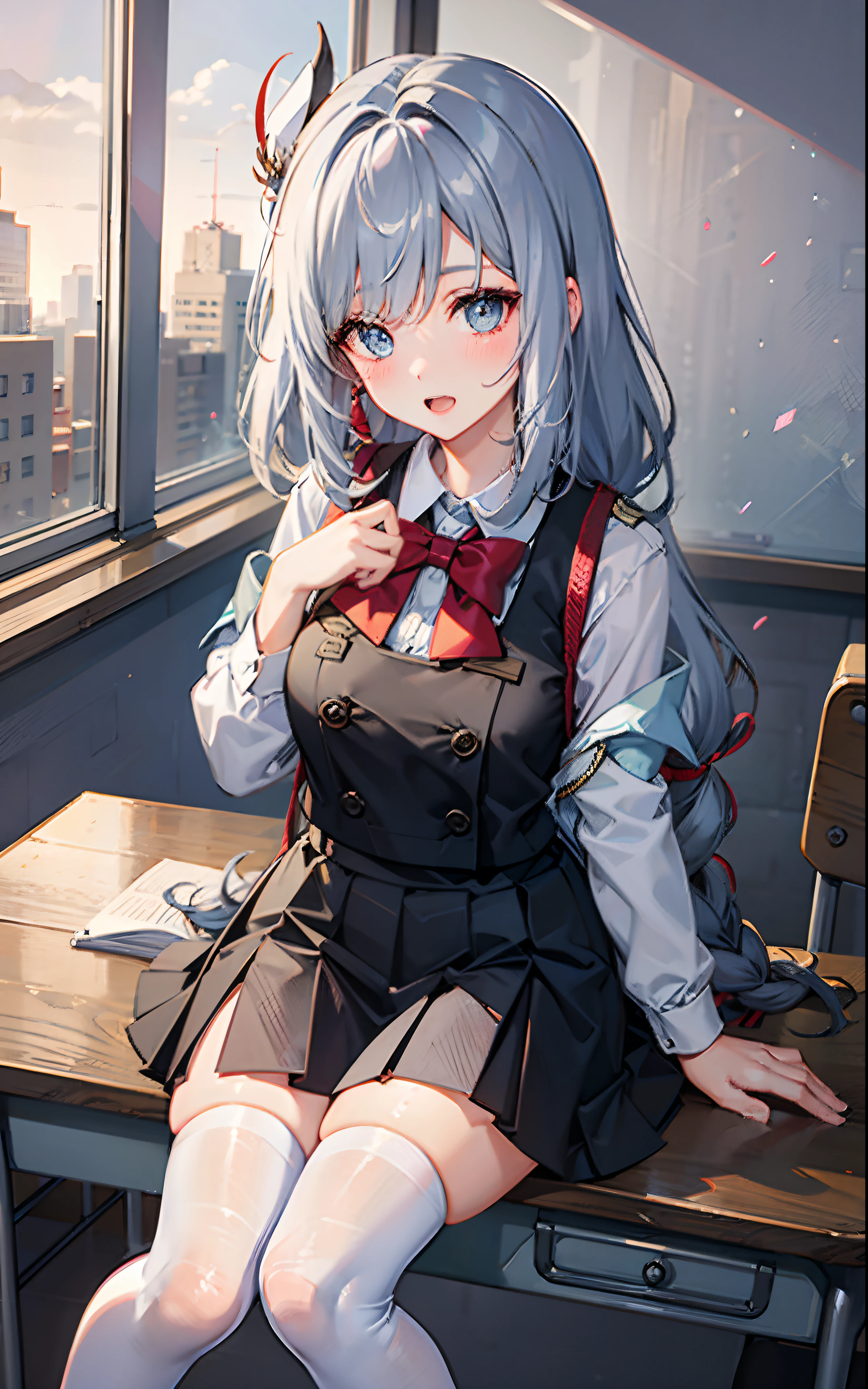 1girll,Smile,Open mouth,JK school uniform,Blushlush,Classroom,classroom desk,all fours,white stockings,Be red in the face,long white hair